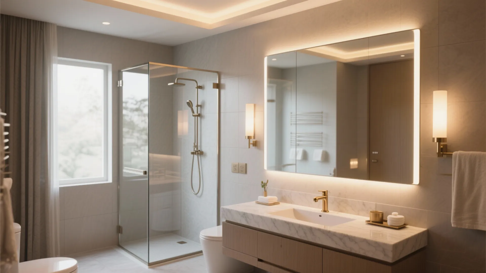 Bright bathroom interior design with large lighted mirror glass shower door white sink and gold hardware