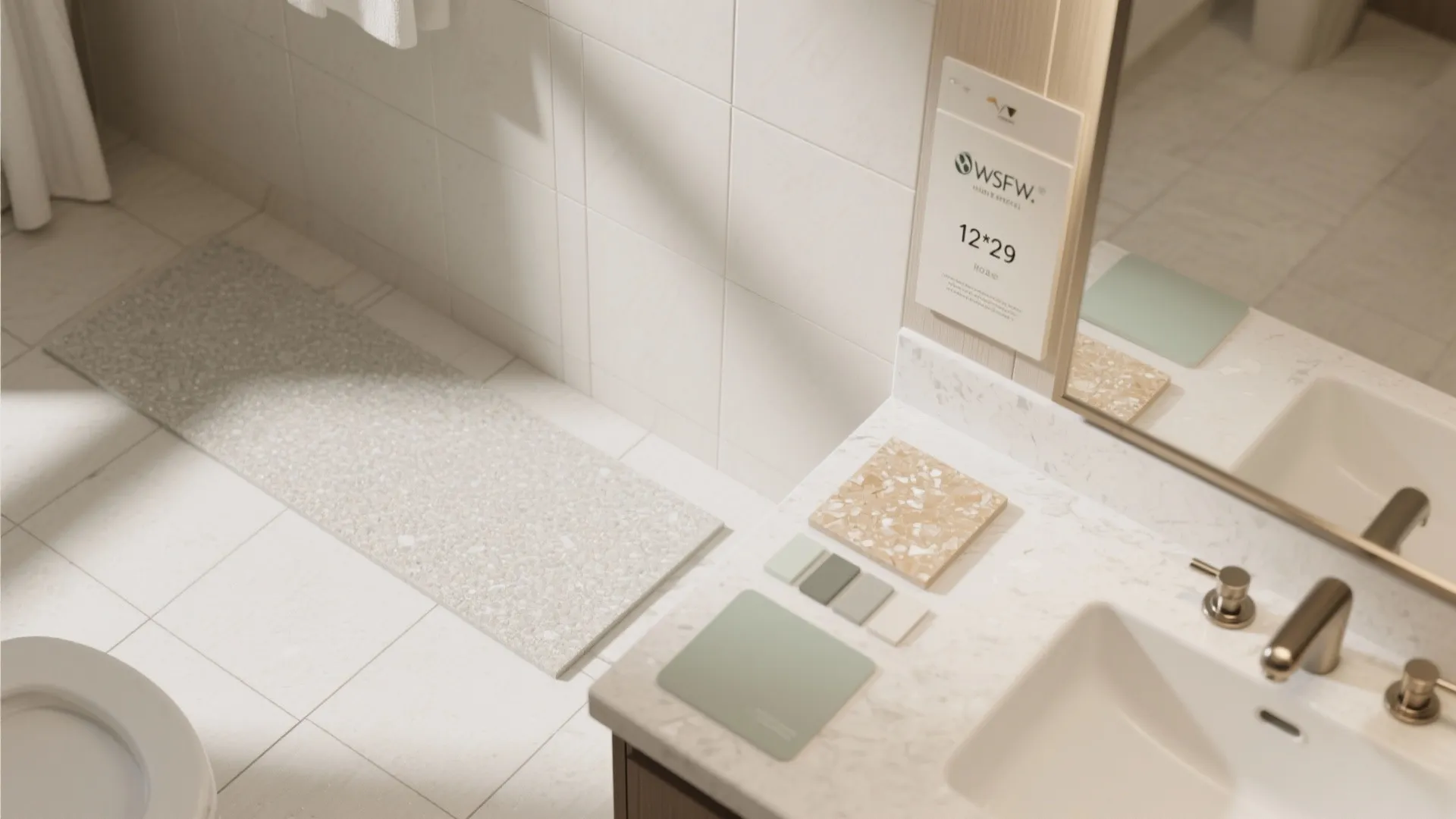 Modern bathroom interior design showing marble sink counter with material samples and white floor tiles