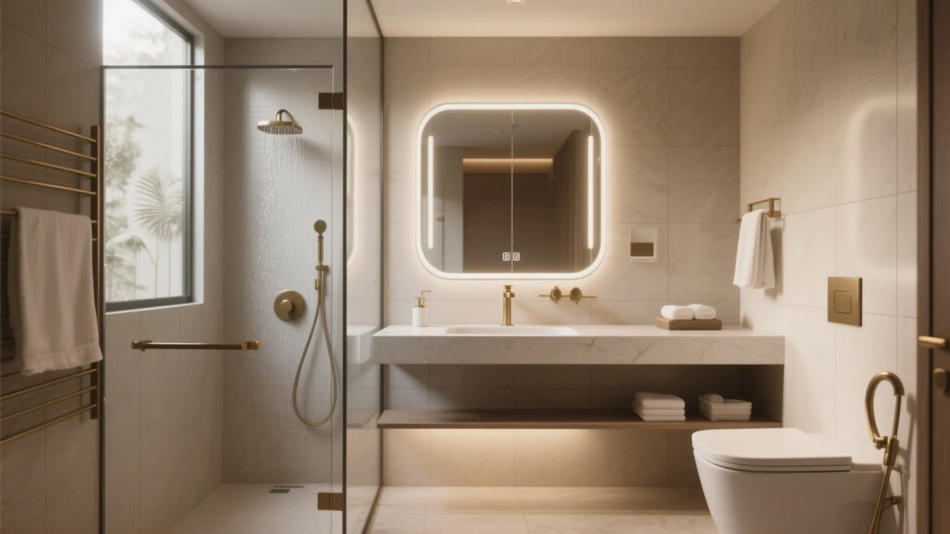 Modern hotel bathroom featuring glass shower marble counter lighted mirror gold fixtures and white toilet seat