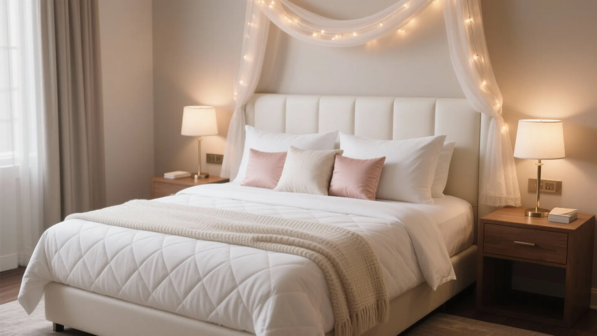 Hotel-style bed makeover: linens, textures, and a mini canopy