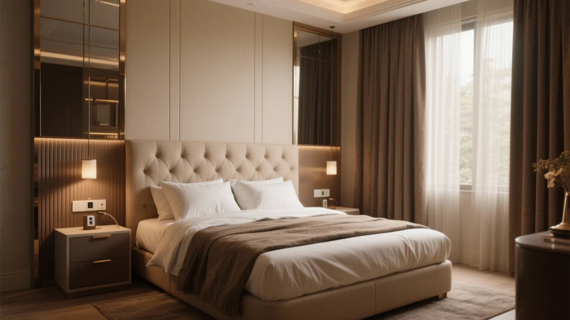 Hotel-Style Bedroom: Upholstered Headboard, Built-ins, and Calm