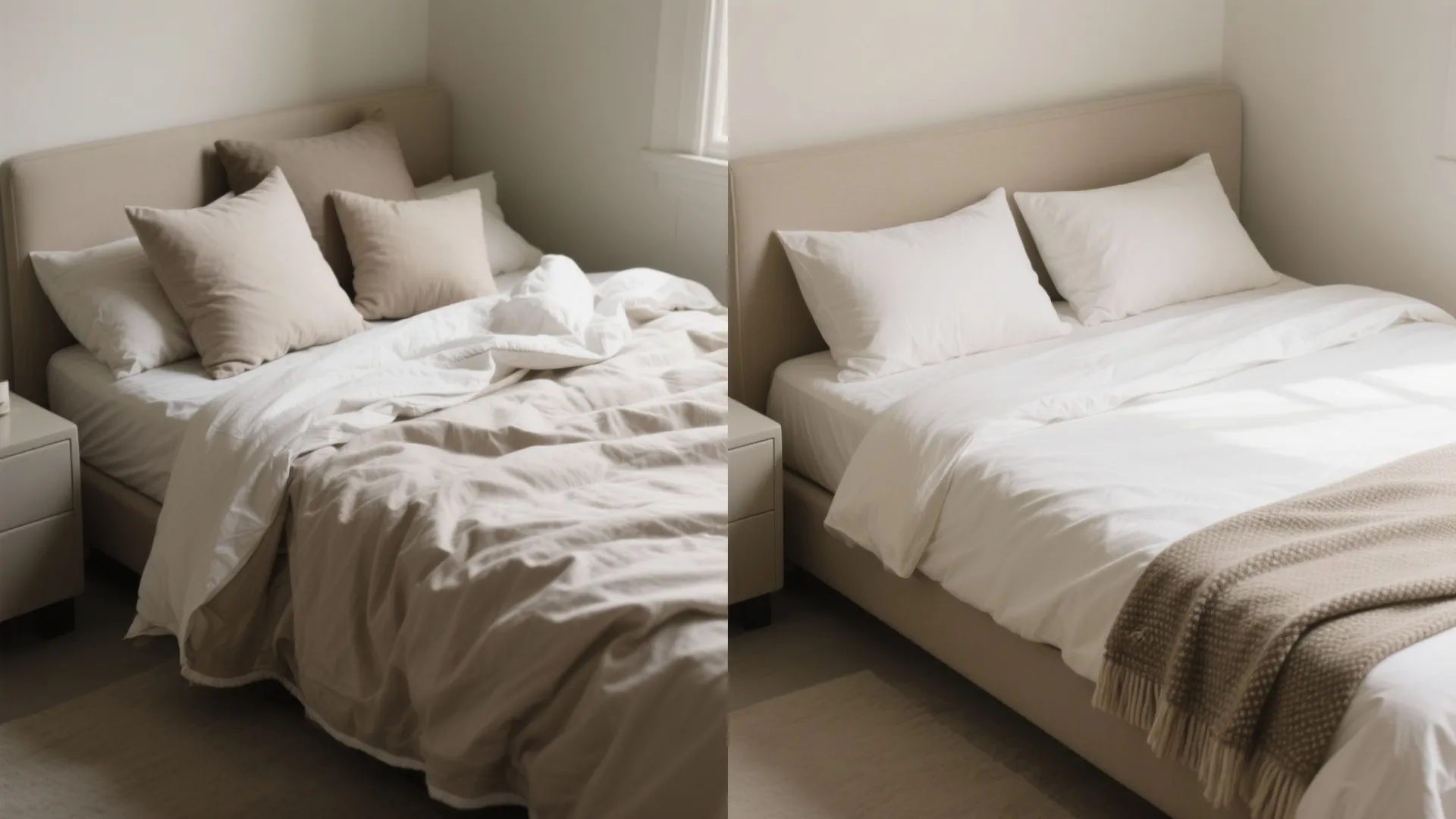 Before and after comparison of a messy unmade bed versus a neatly made hotel bed