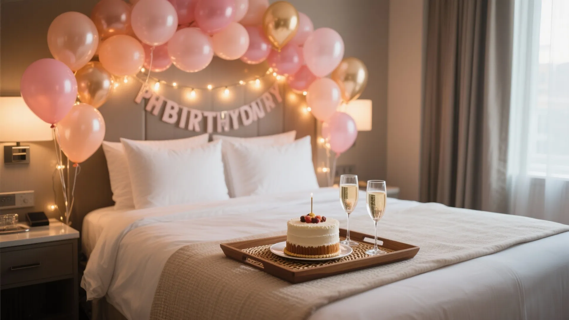 Hotel bedroom with white bed pink balloons birthday banner small cake and two champagne glasses