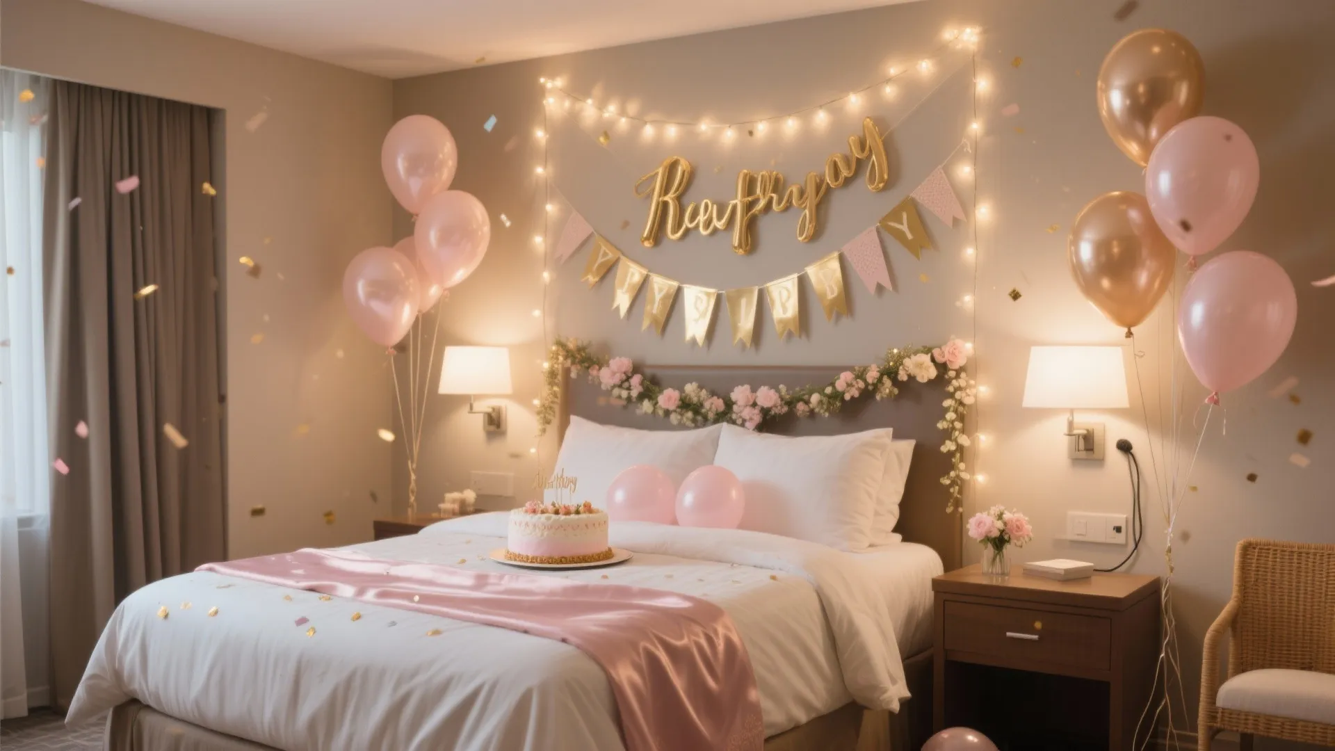 Hotel bedroom decorated for birthday with pink balloons gold banner string lights and a cake