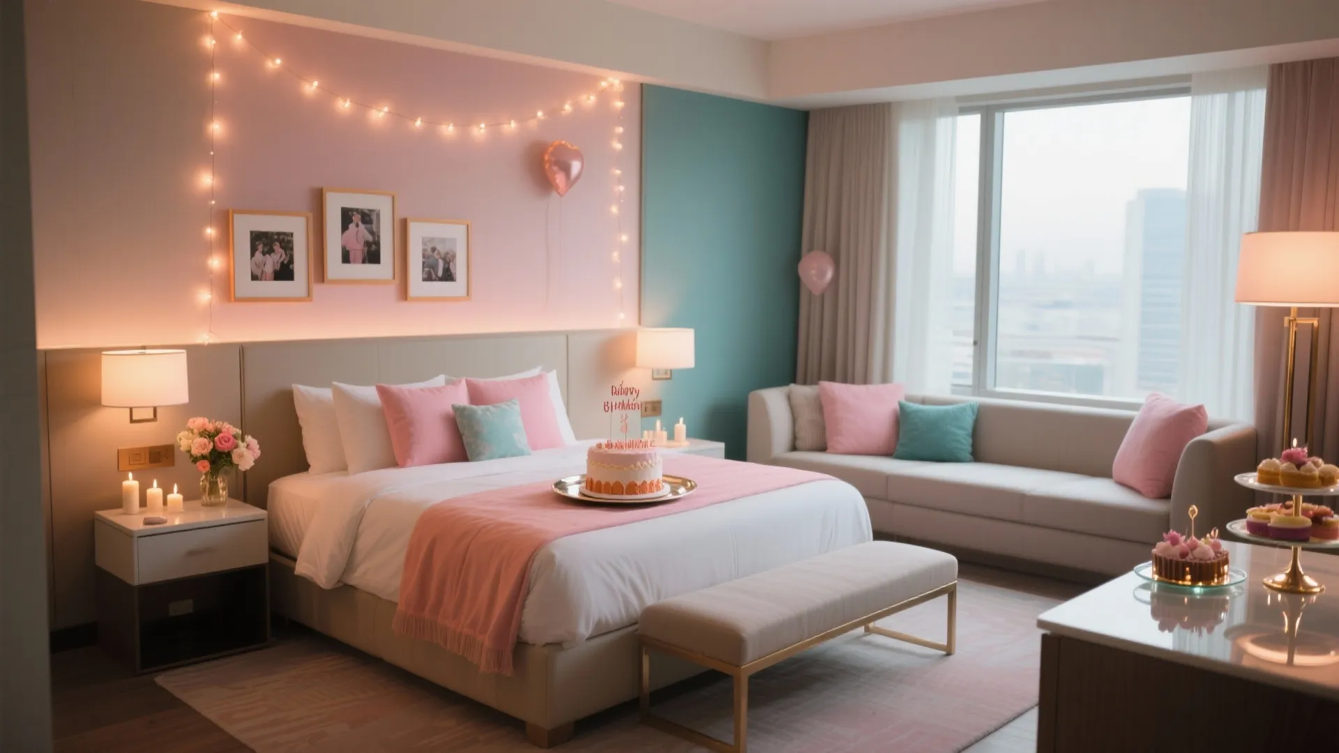 Hotel bedroom birthday decoration with pink wall lights cake balloons sofa and flowers on the bed