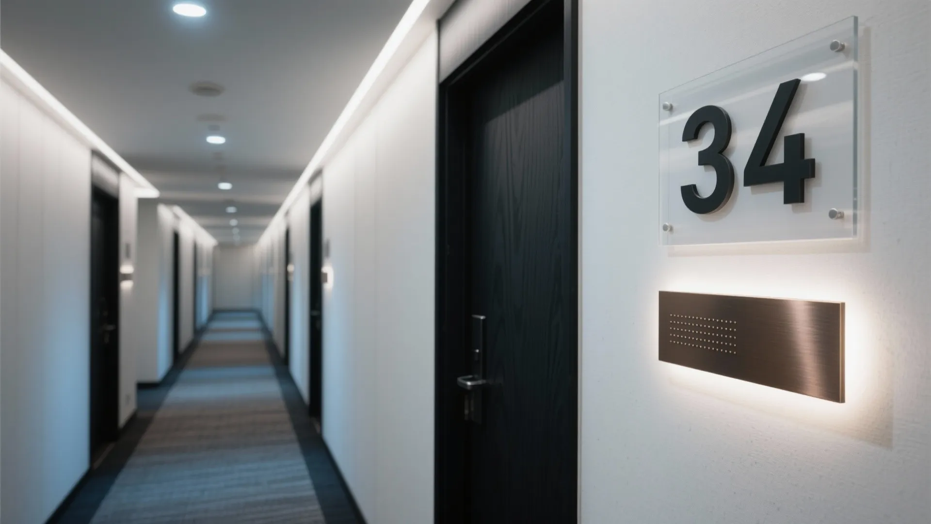 Modern hotel corridor with black doors white walls carpeted floor and clear room number sign