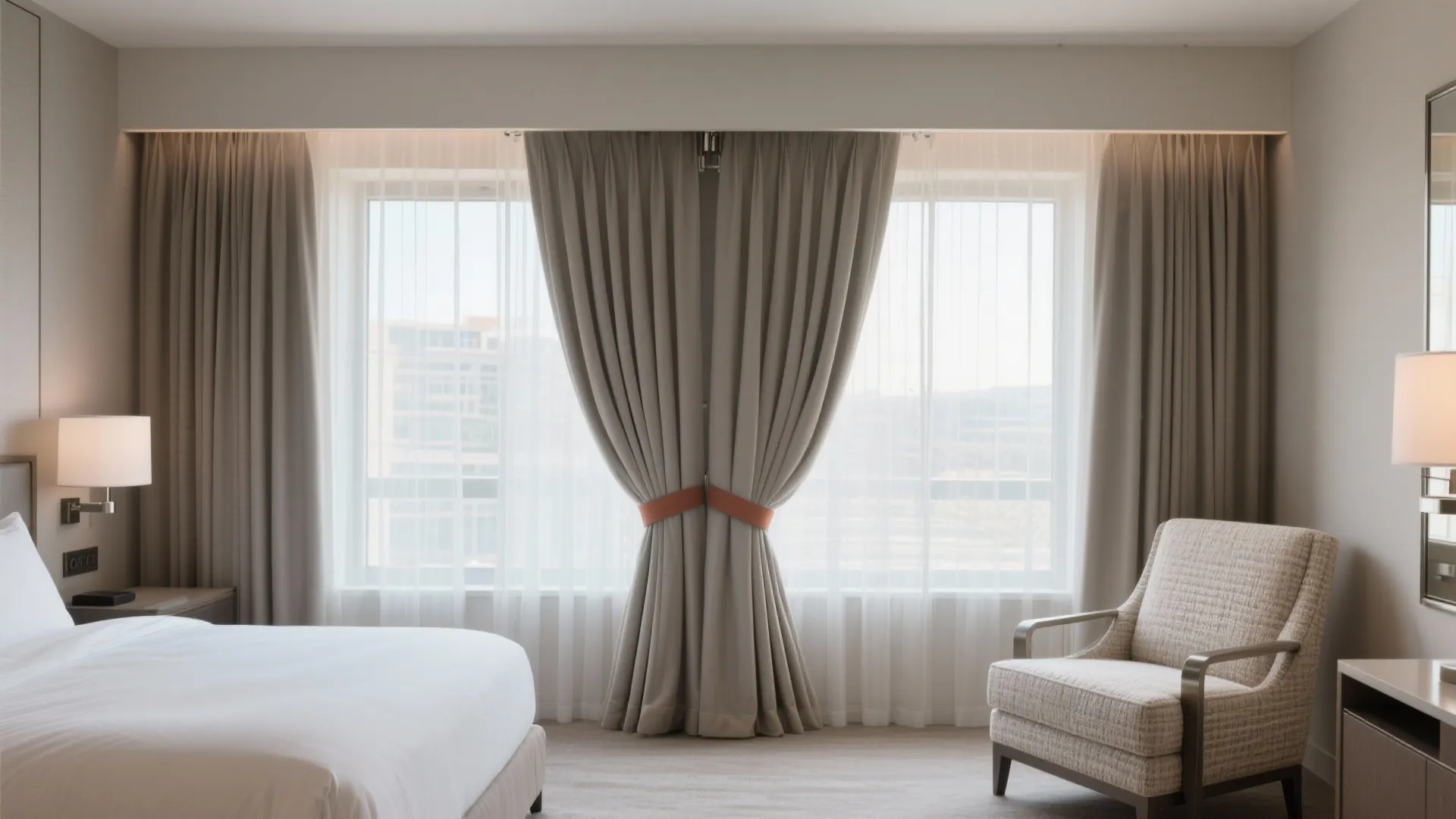 Modern hotel bedroom featuring grey curtains tied back with large windows white bed and chair