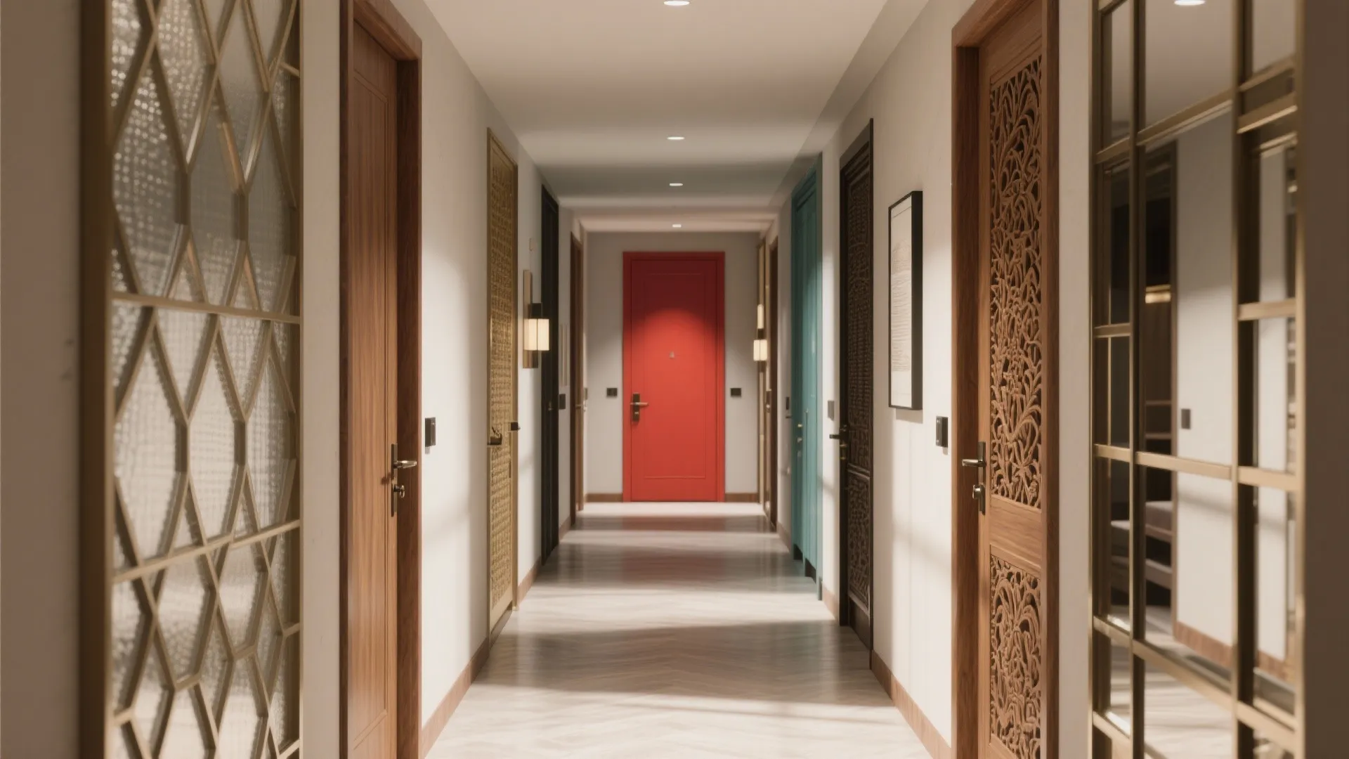 Long hotel hallway with wooden doors and a bright red door at the far end
