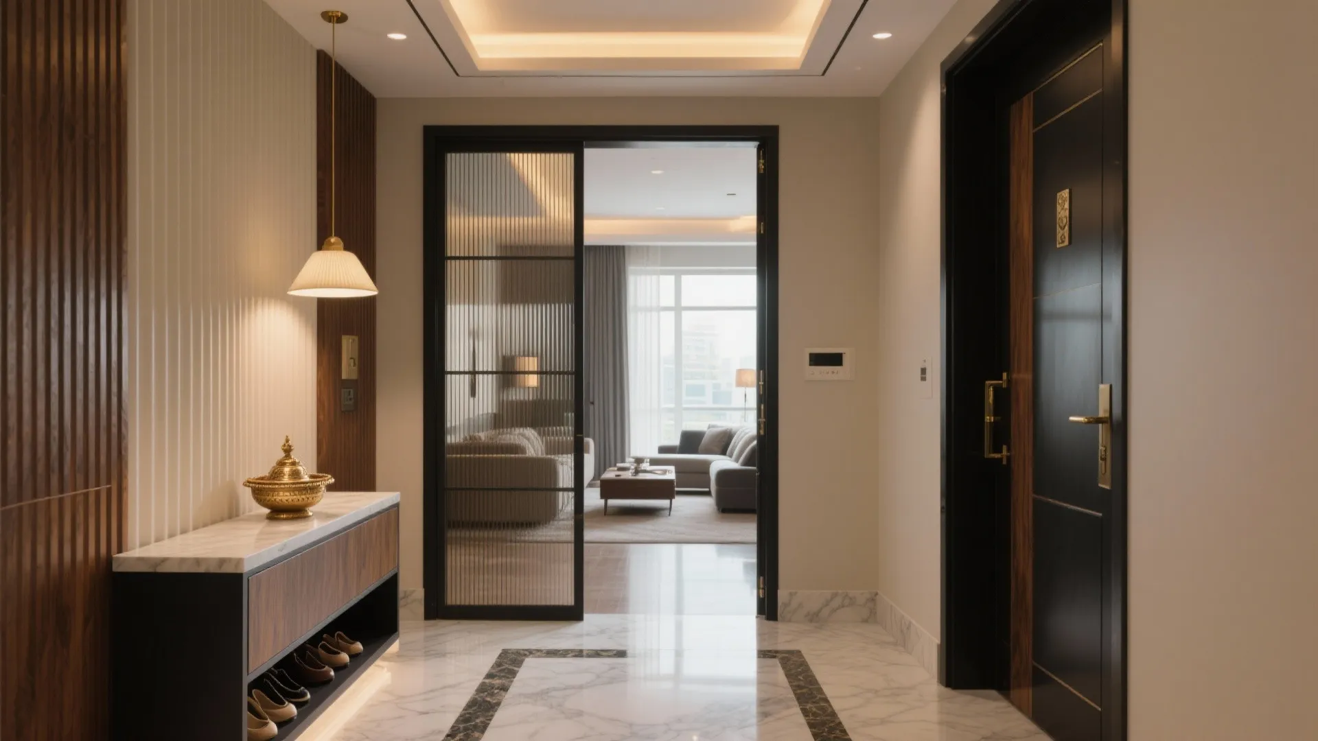 Hotel-chic foyer to living flow