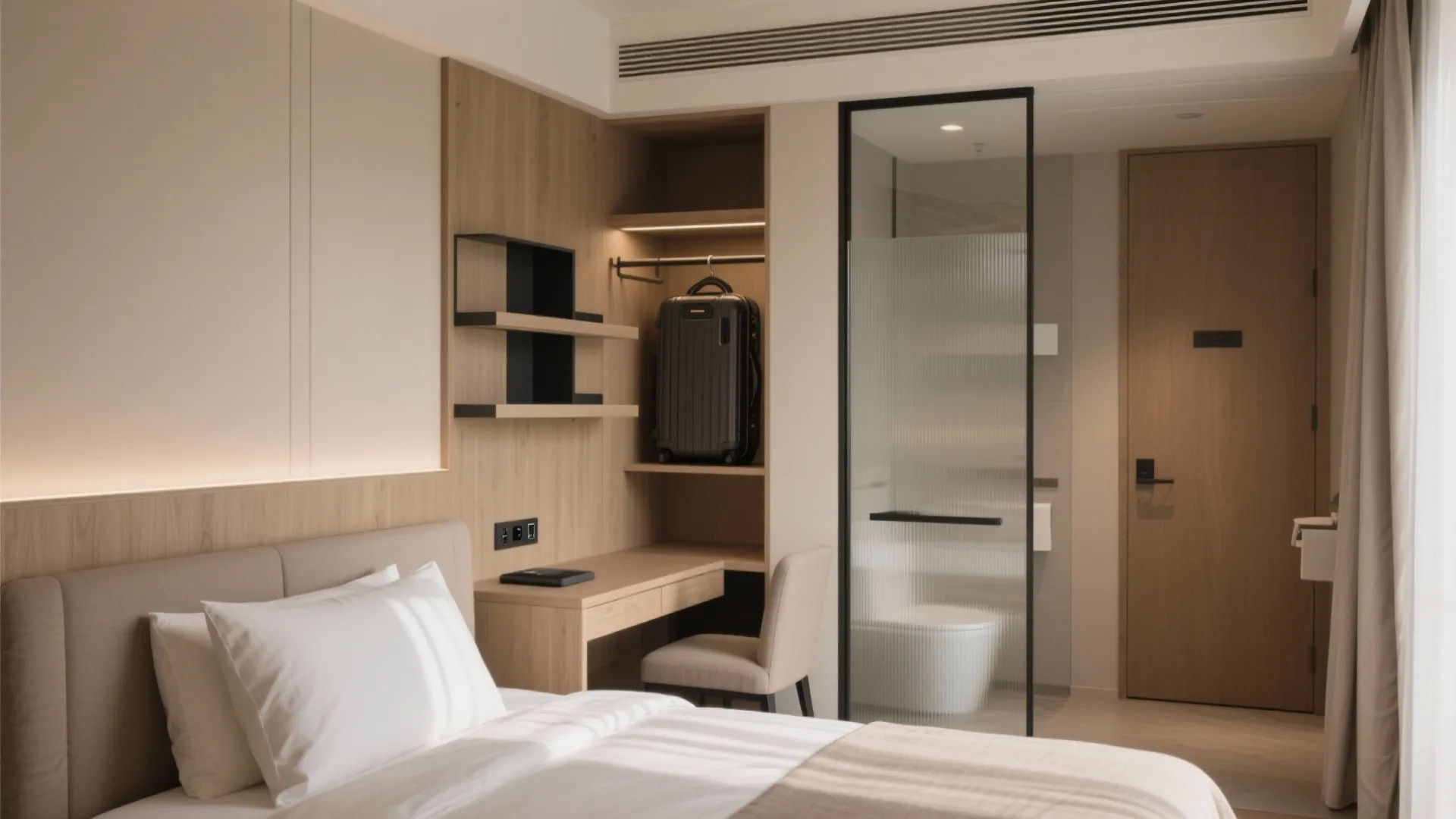 Modern hotel room with white bed wood desk chair suitcase glass bathroom door and warm light