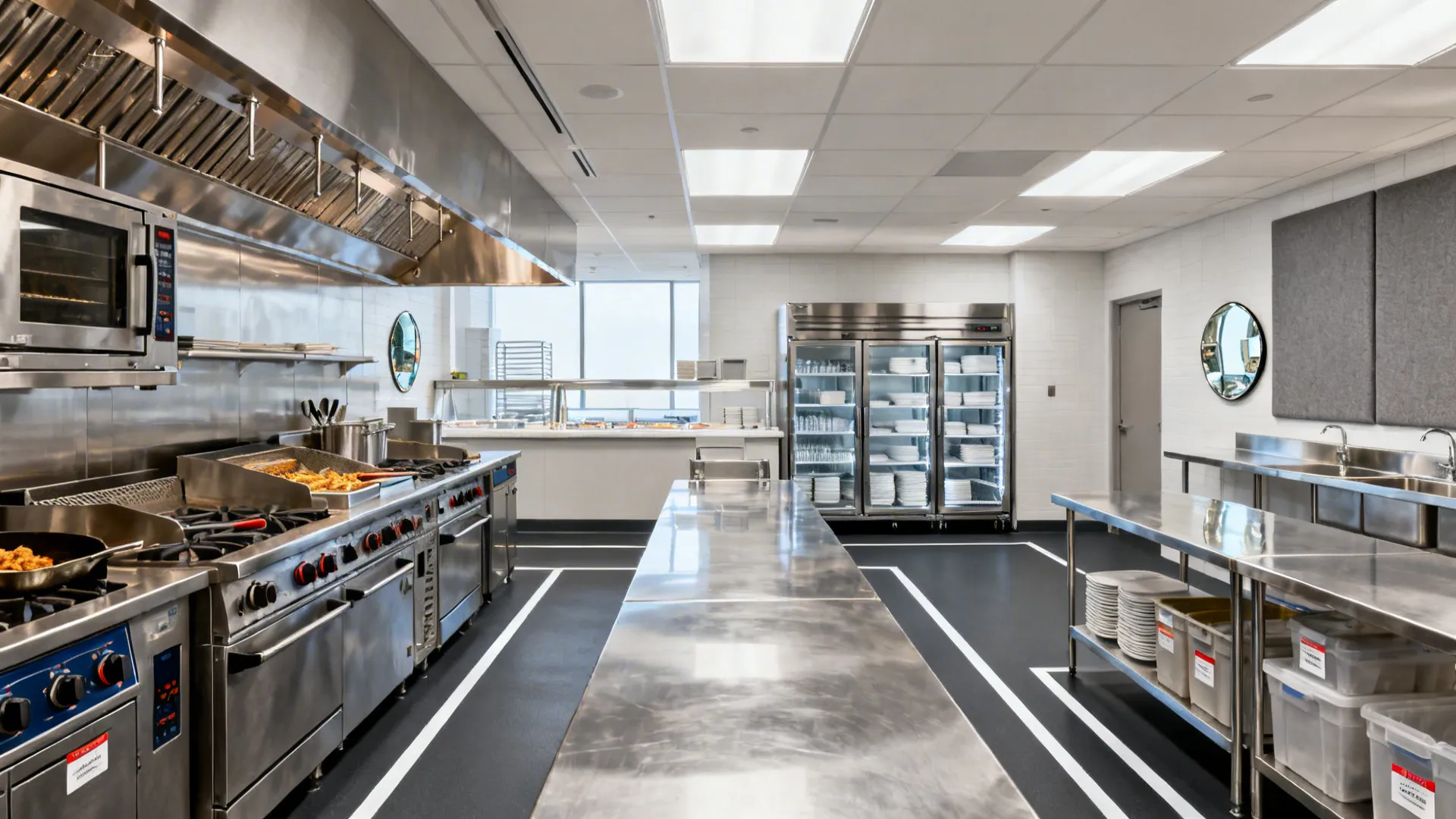 Modern commercial kitchen with stainless steel stoves prep tables large refrigerators and bright ceiling lights