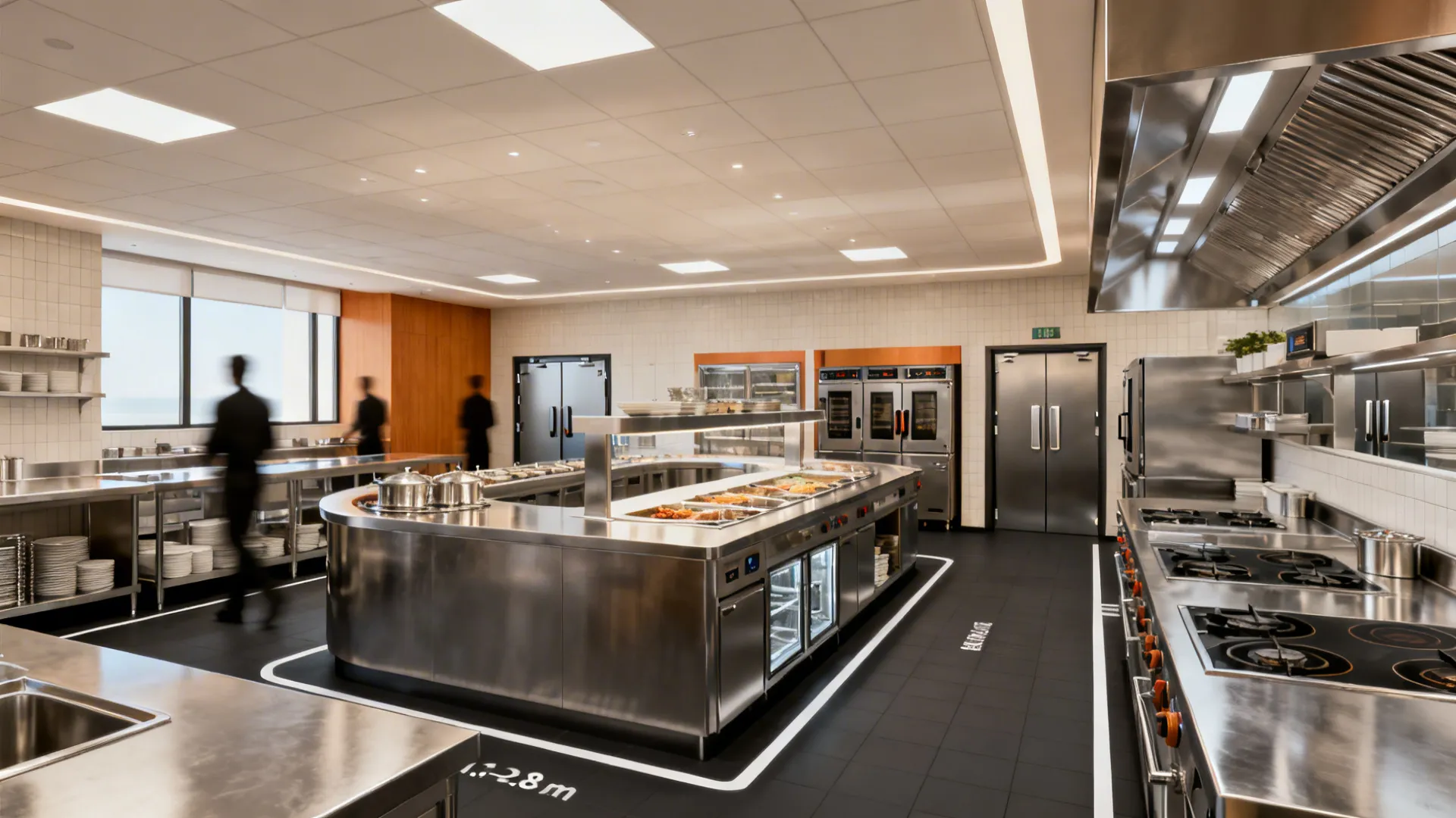 Large professional kitchen layout with silver food service counters ovens and dark tiled floor design