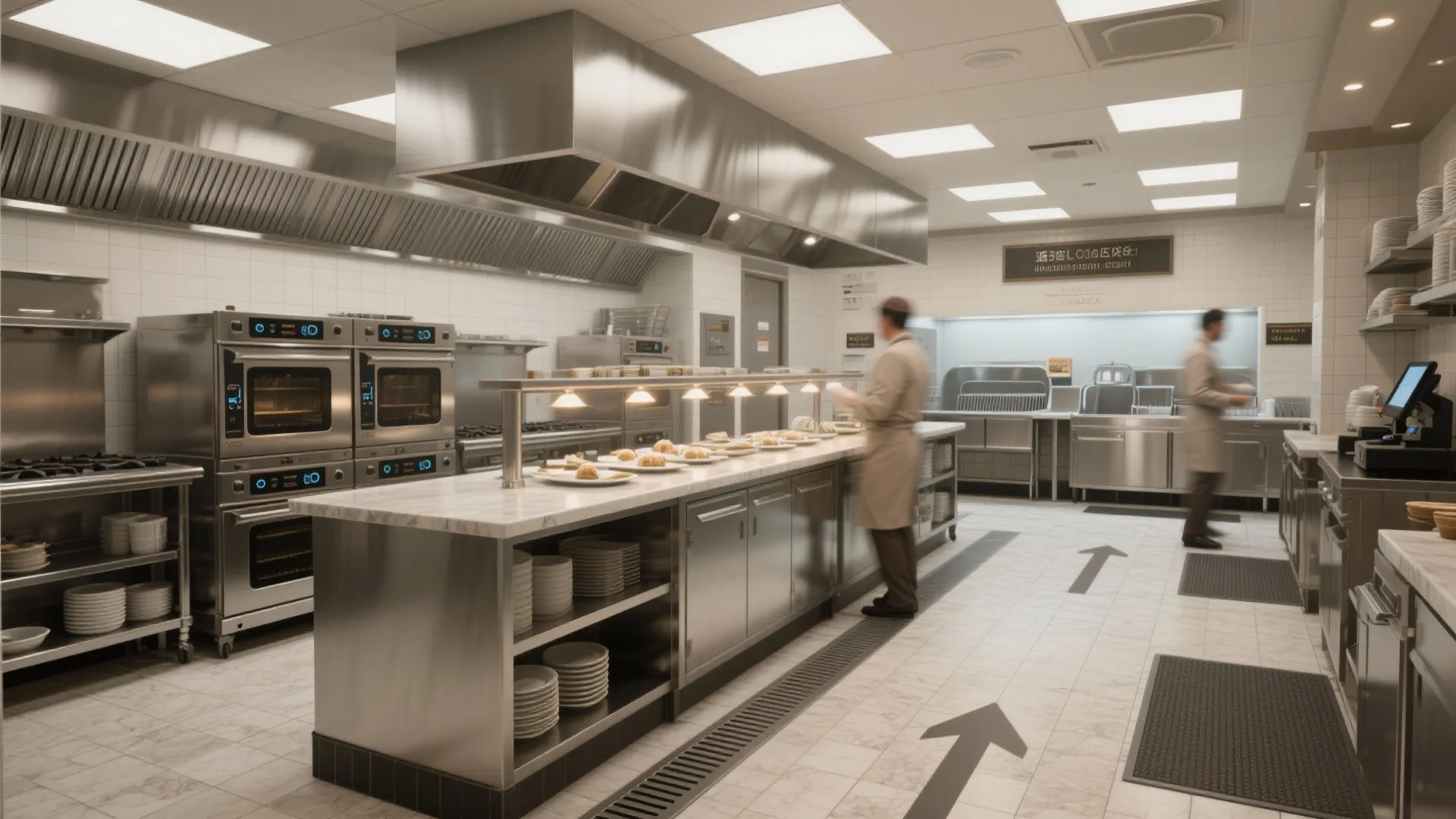 Large hotel kitchen with stainless steel equipment, white tiles, marble tables, and staff preparing food