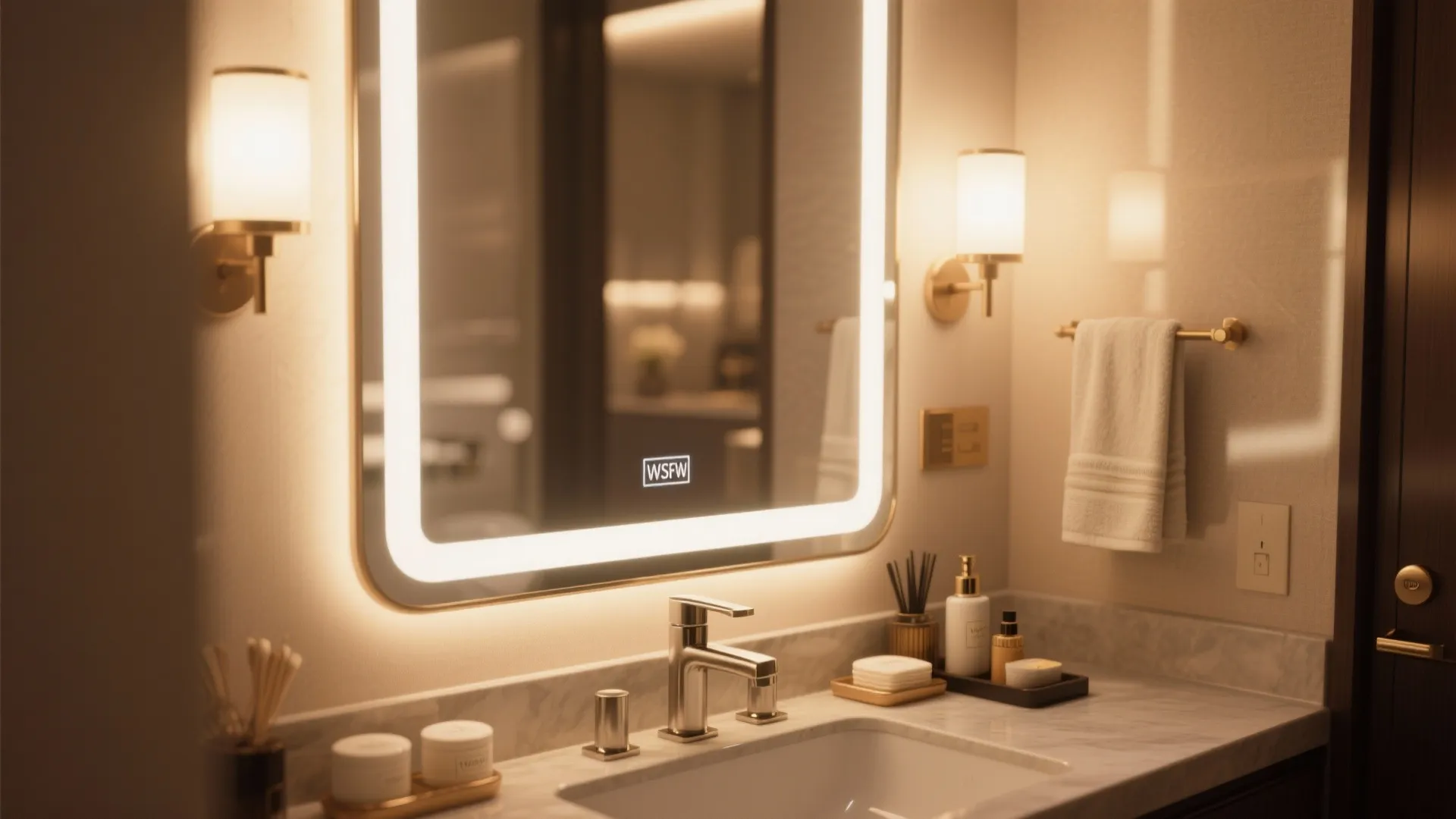 Hotel bathroom with lit mirror wall light fixture marble counter top and white sink bowl