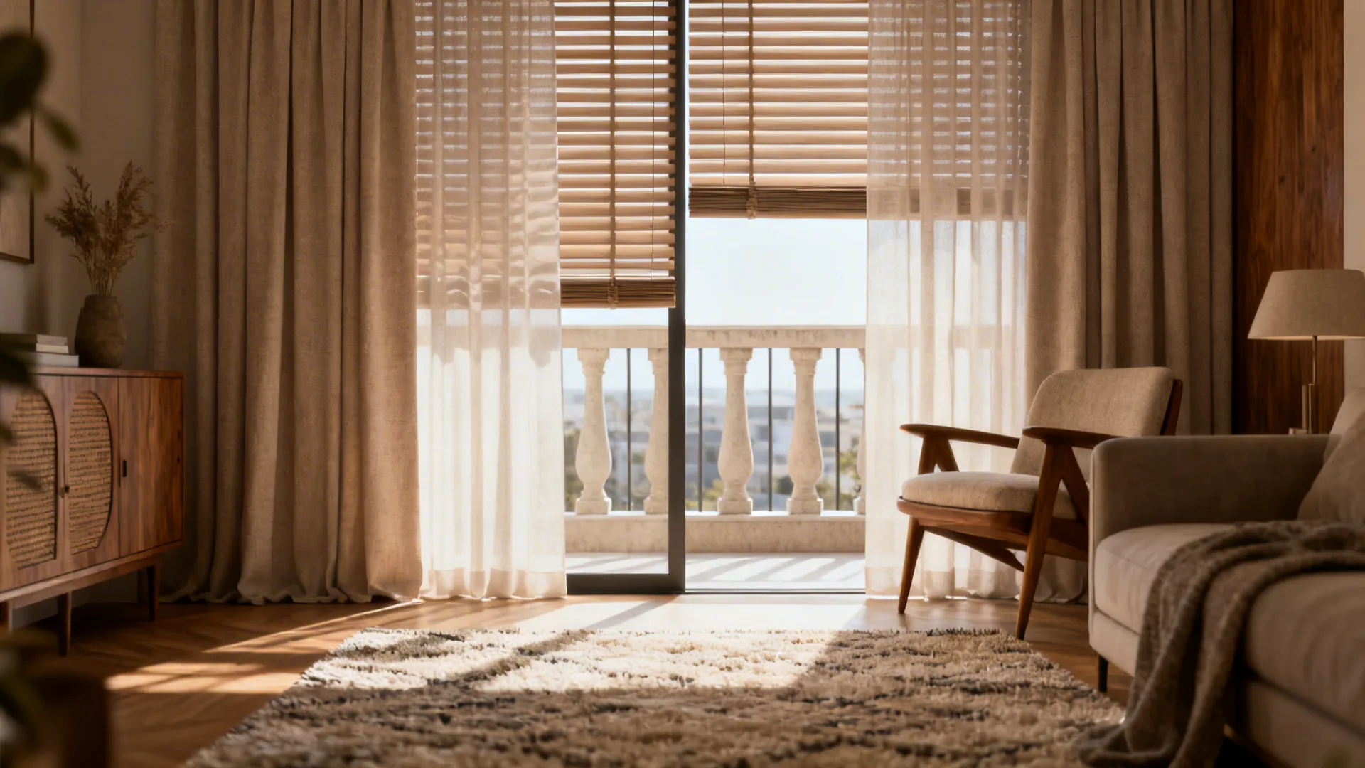 Sunny living room with wooden blinds sheer curtains wooden cabinet armchair rug and balcony with railing
