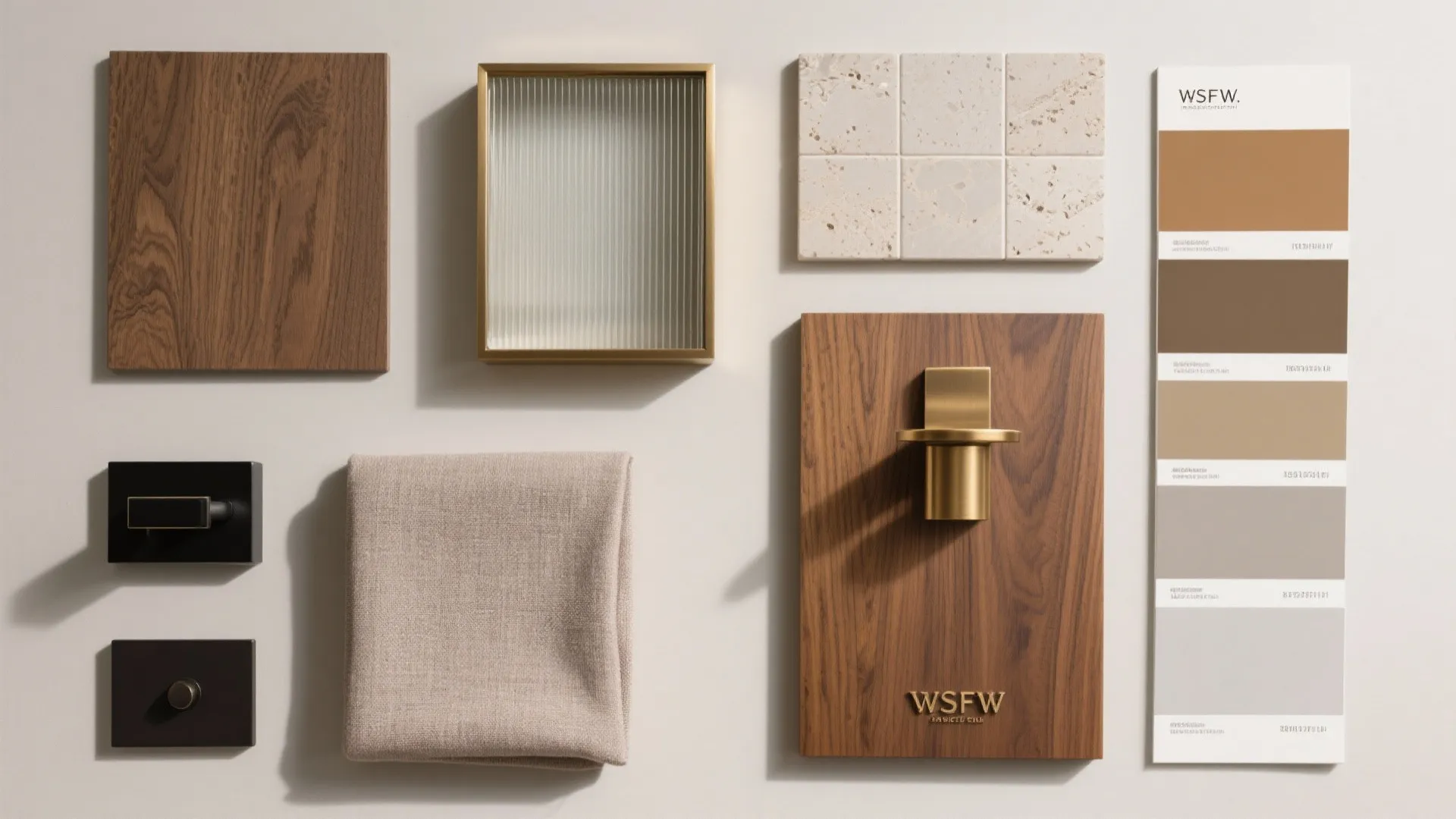 Flat lay of oak veneer, brass, reeded glass, soft fabric, and stone tile palette.