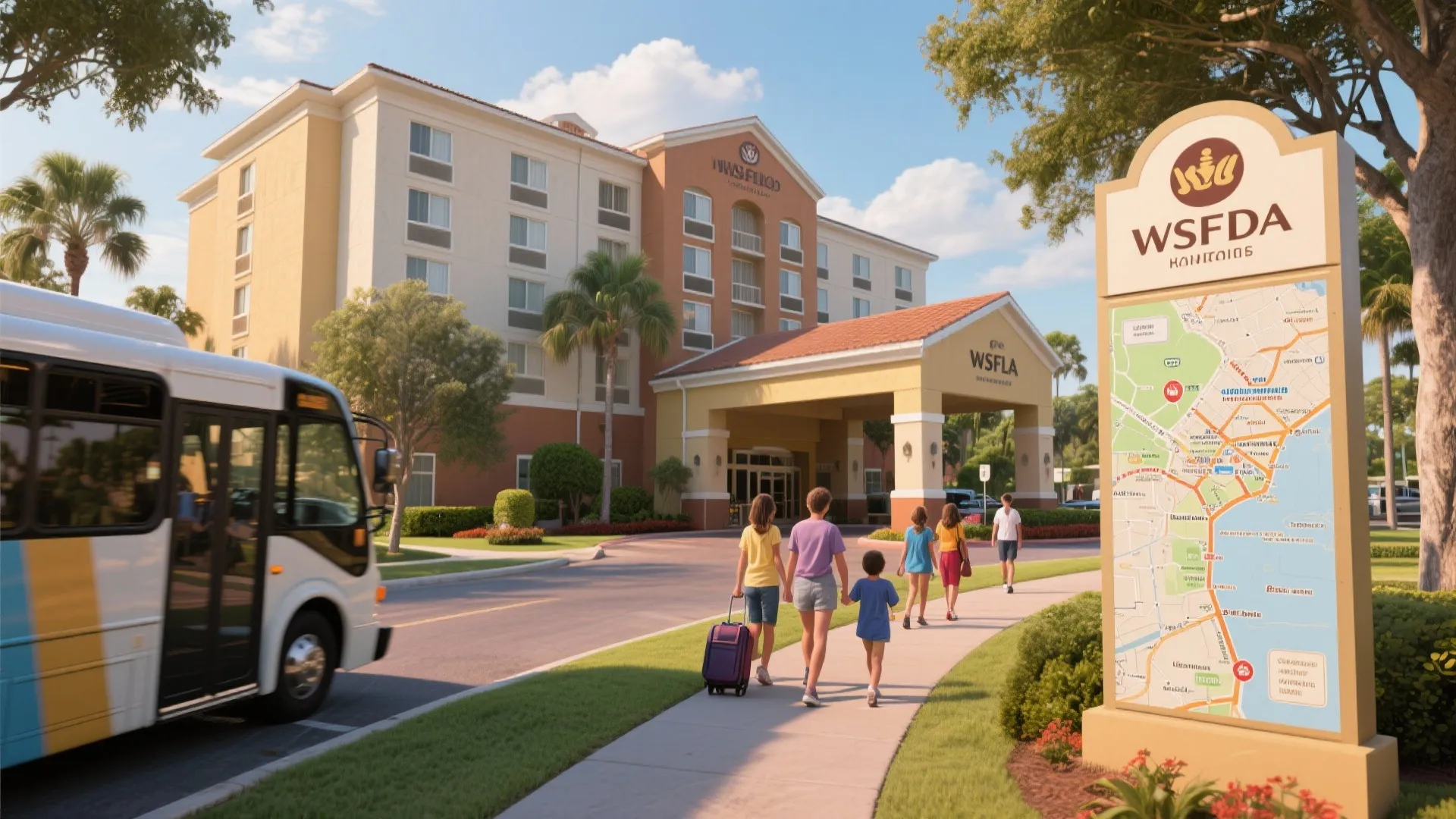 Hotel exterior near Orlando attractions with shuttle service and walking paths.