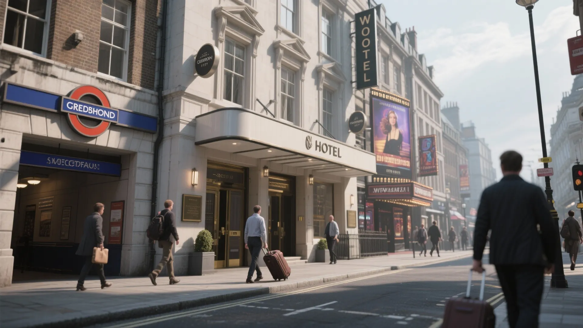 Hotel building exterior on a busy city street with people walking and carrying their travel luggage