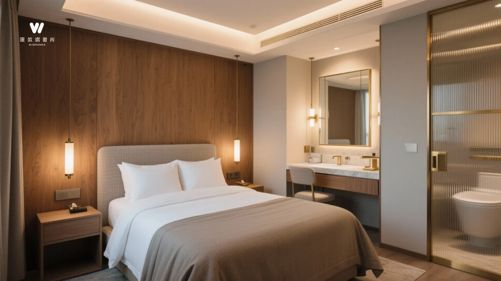 Hotel-inspired compact suite with warm wood, layered lighting, and reeded glass accents.
