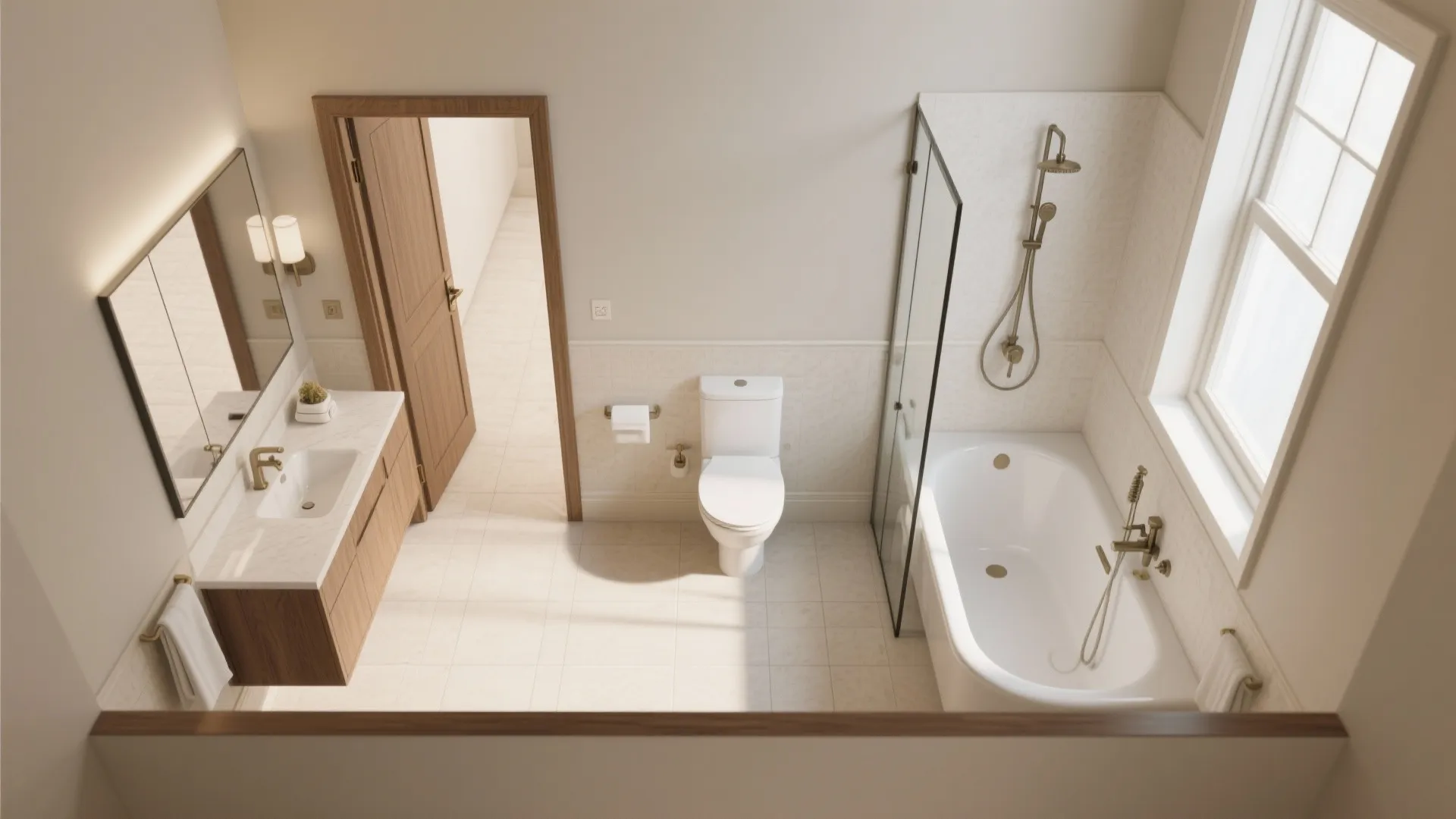 Modern bathroom with white bathtub wooden cabinet white toilet beige floor tiles and a large window