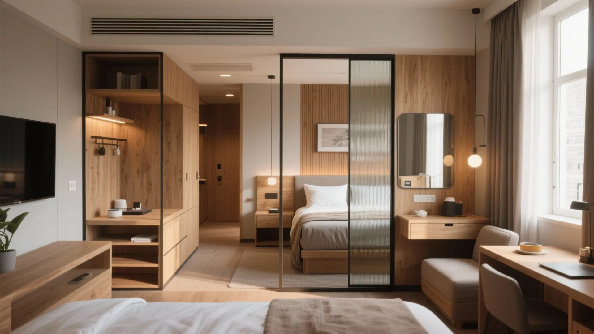 Modern hotel room with wooden cabinets glass partition cozy bed desk chair and warm interior lighting