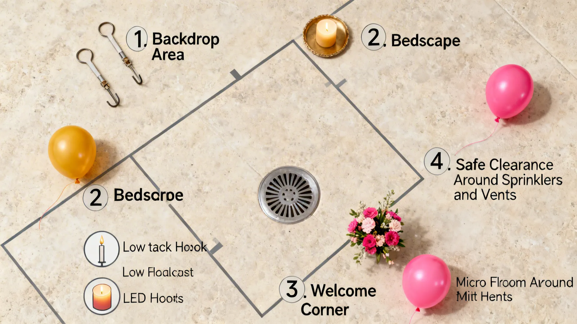 Top-down layout showing zones for backdrop, bedscape, welcome corner, and safe clearances.