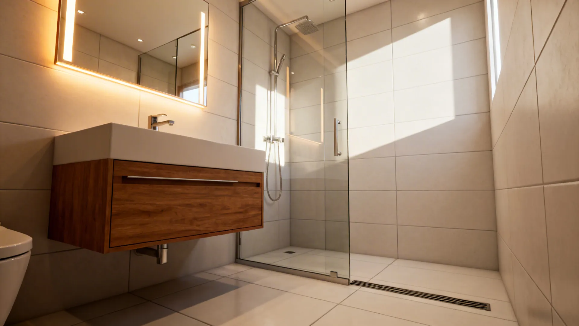 Small bathroom with a wall-hung oak vanity, large-format tiles, and a single glass shower panel.