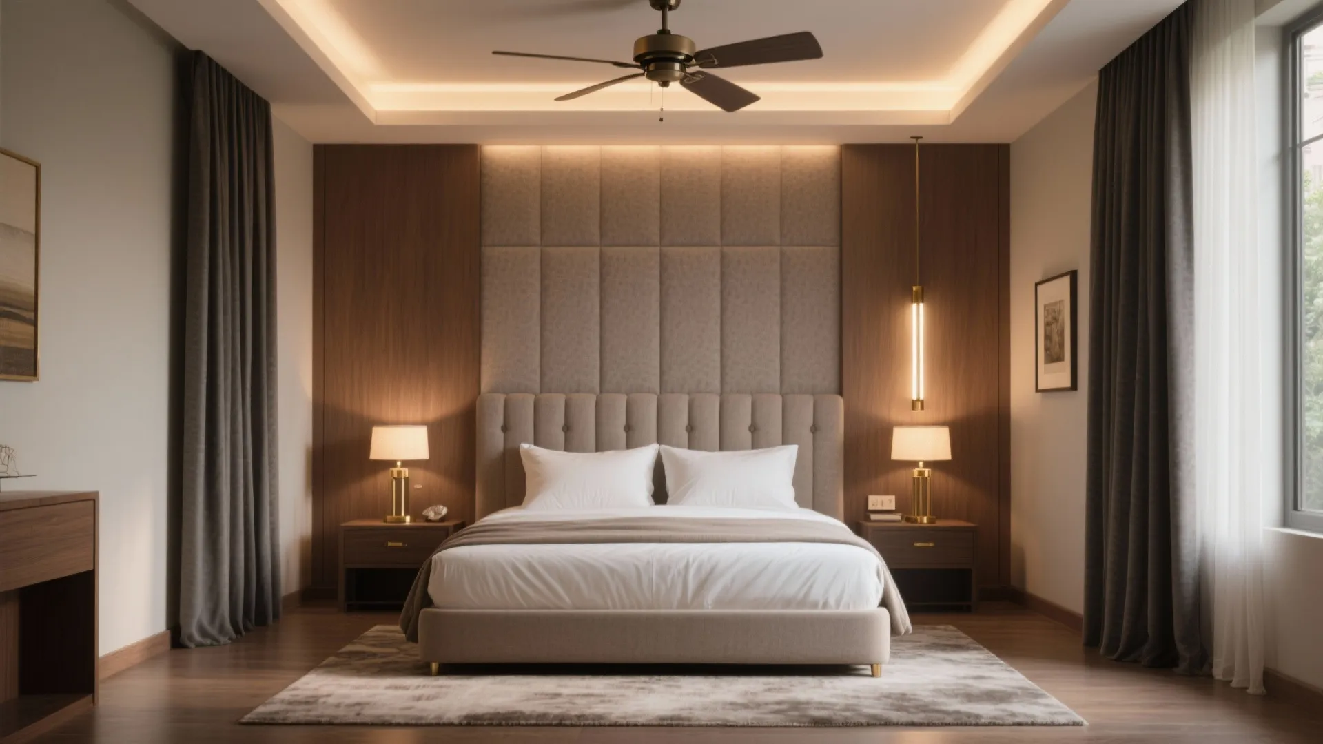 4) Hotel-style master suite with layered lighting and acoustic comfort
