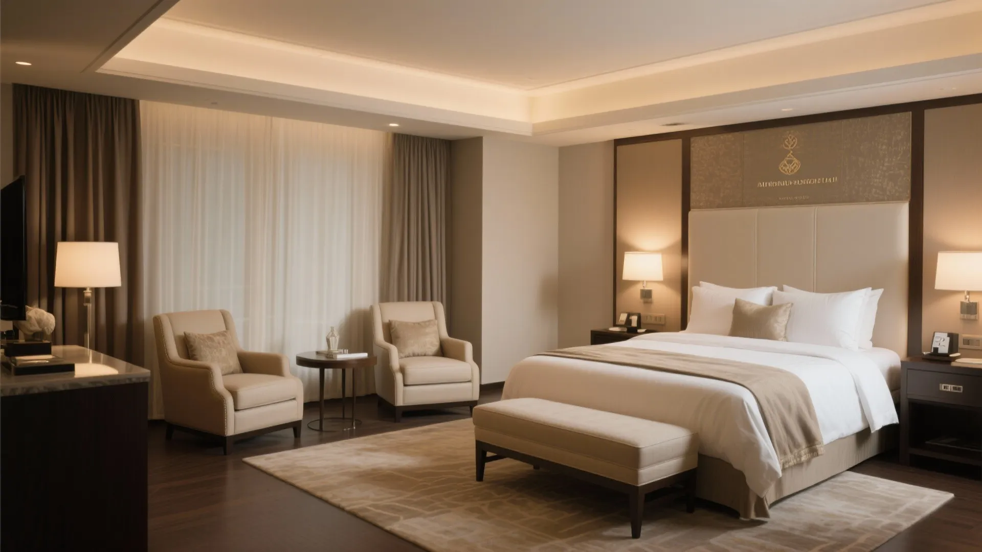 Luxury hotel suite bedroom with large bed footrest two armchairs small table and warm lighting