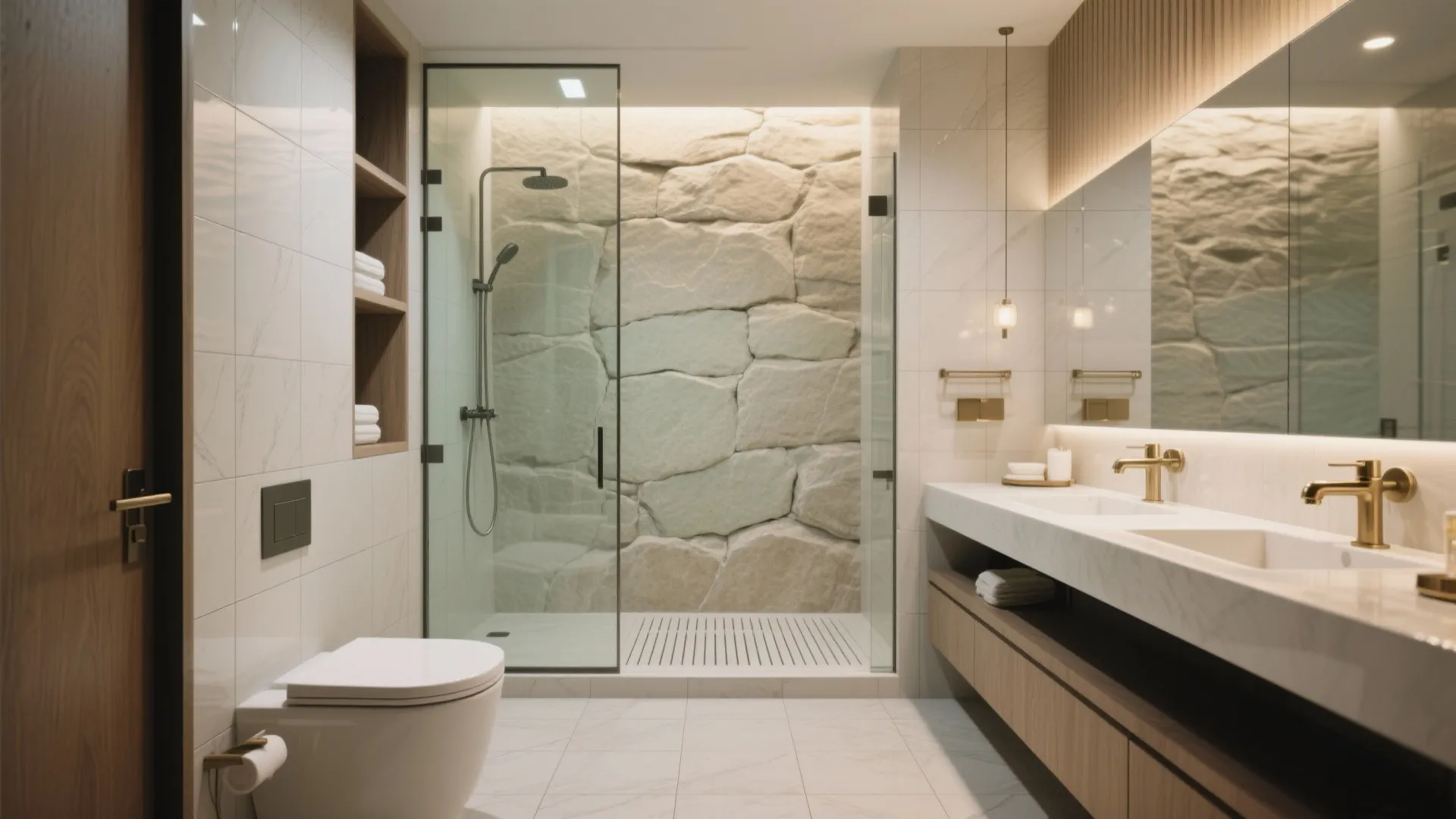 Luxury bathroom interior showing large stone shower wall white marble double sink and gold faucets