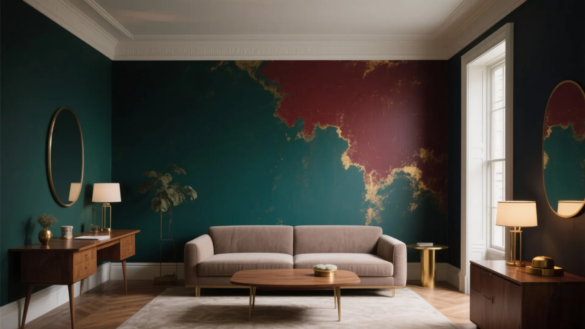 Modern living room with green gold textured wall beige sofa wooden coffee table and desk