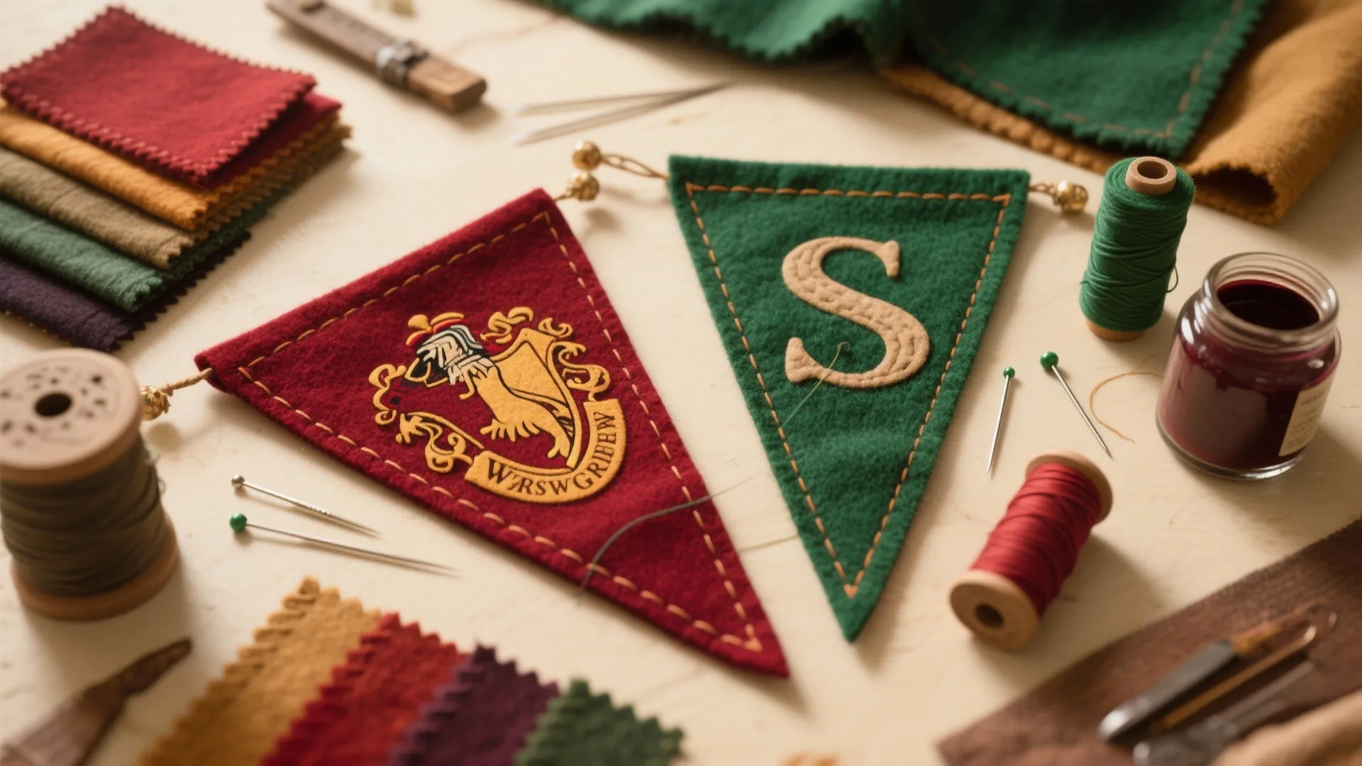 Two handmade felt flags with school logos surrounded by sewing tools and colorful fabric pieces
