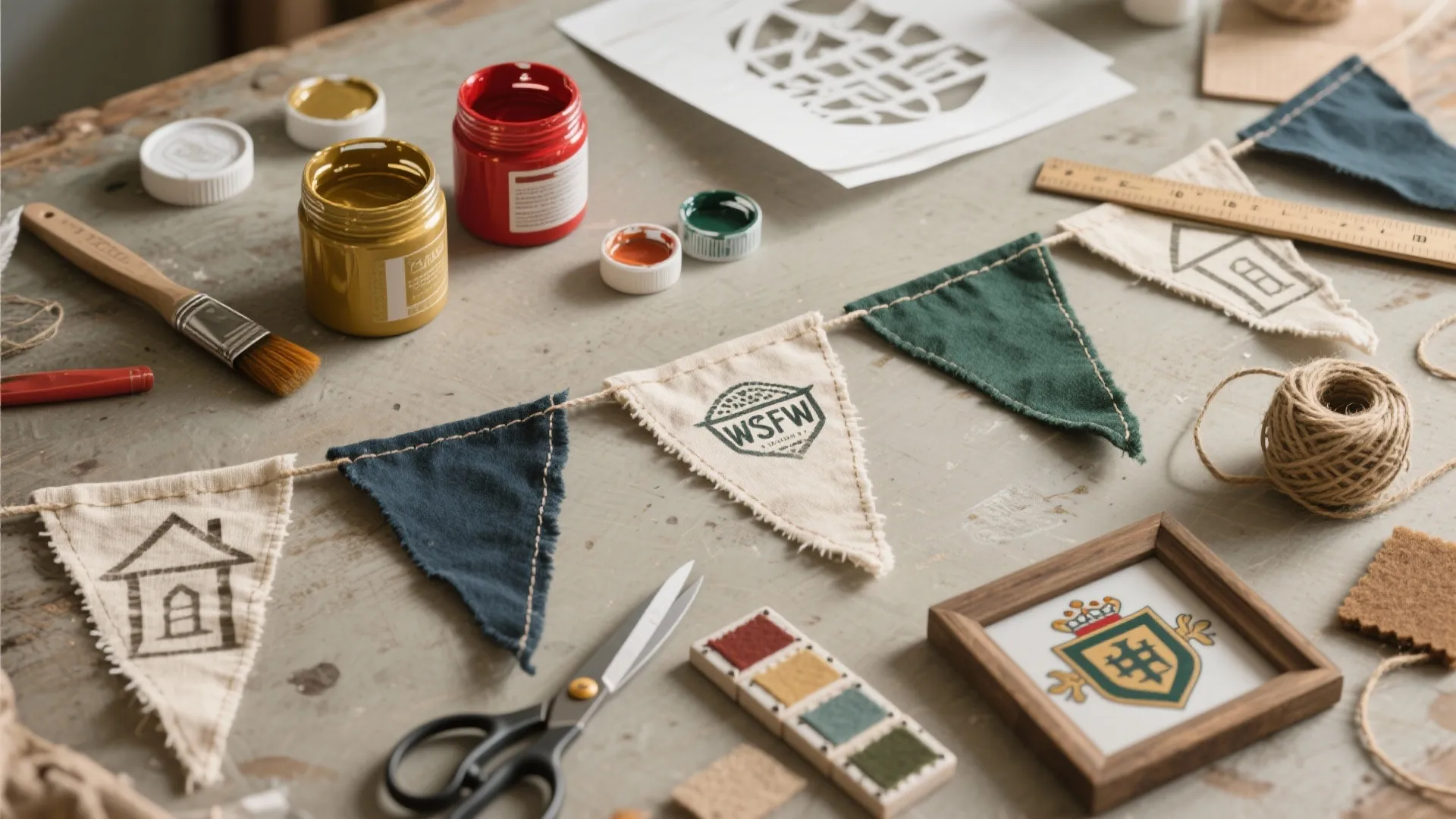 Tabletop crafting scene with paint jars, scissors, yarn, and fabric flags for a DIY project
