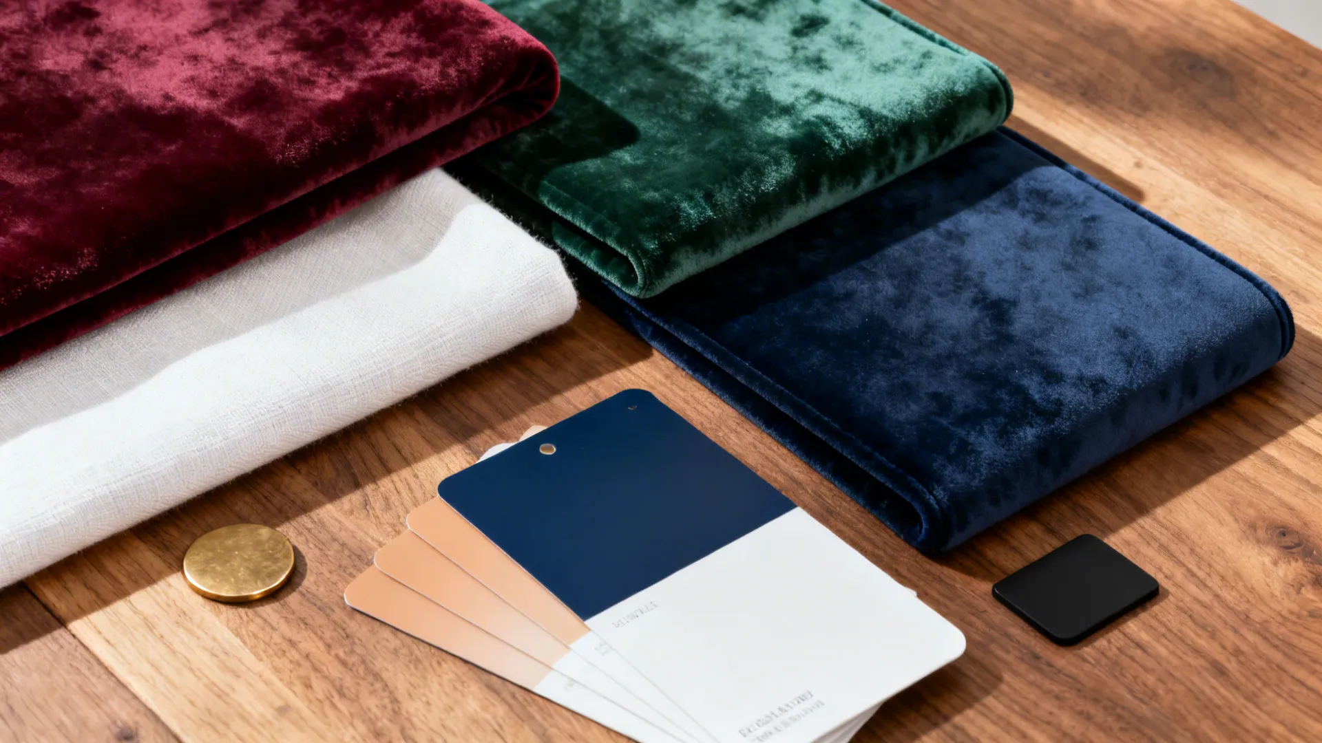 Fabric color samples in velvet and linen textures placed on a wooden table for design
