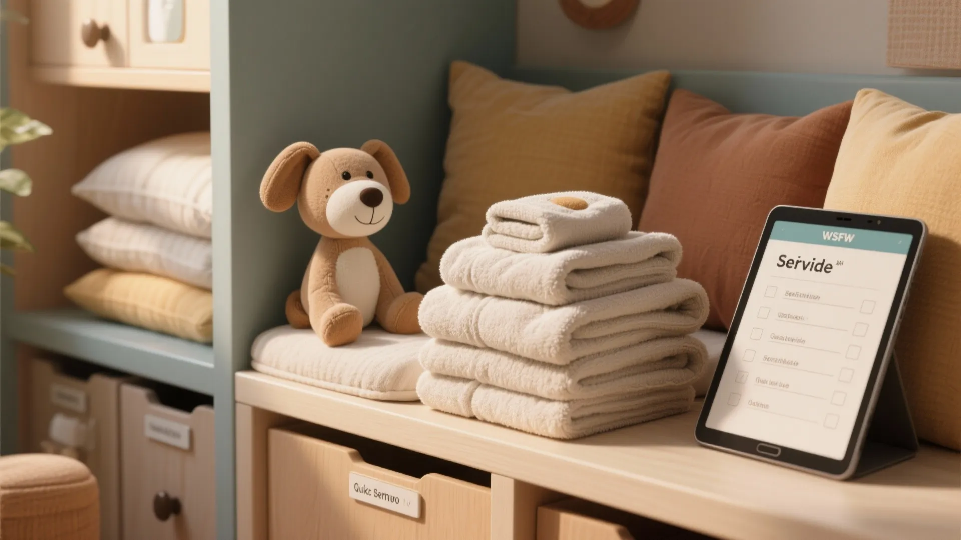 Housekeeping detail with towel animal on kid nook and labeled storage in a resort suite