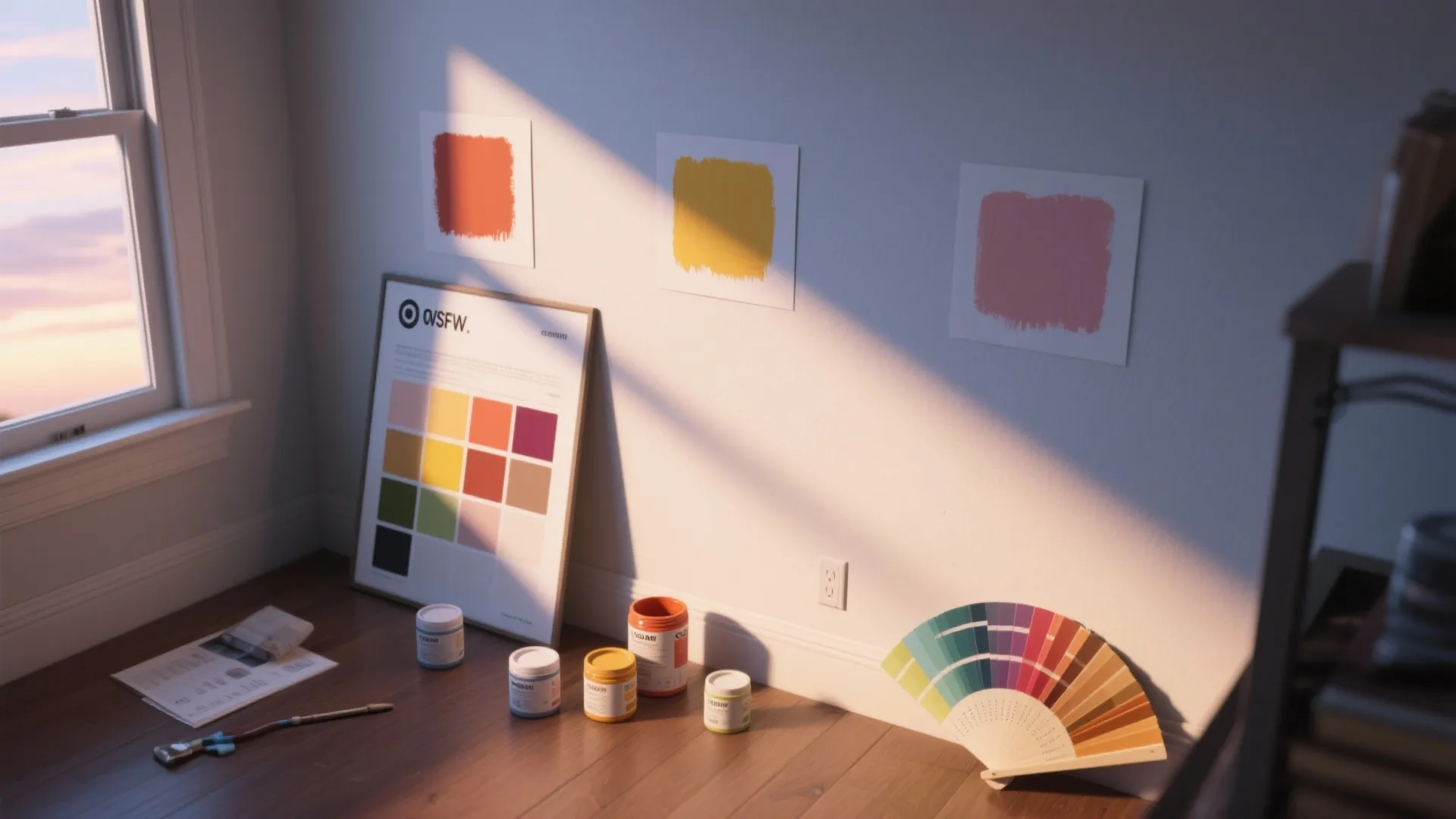 Paint test patches on a wall, a painted poster board moved around a room, and sample pots