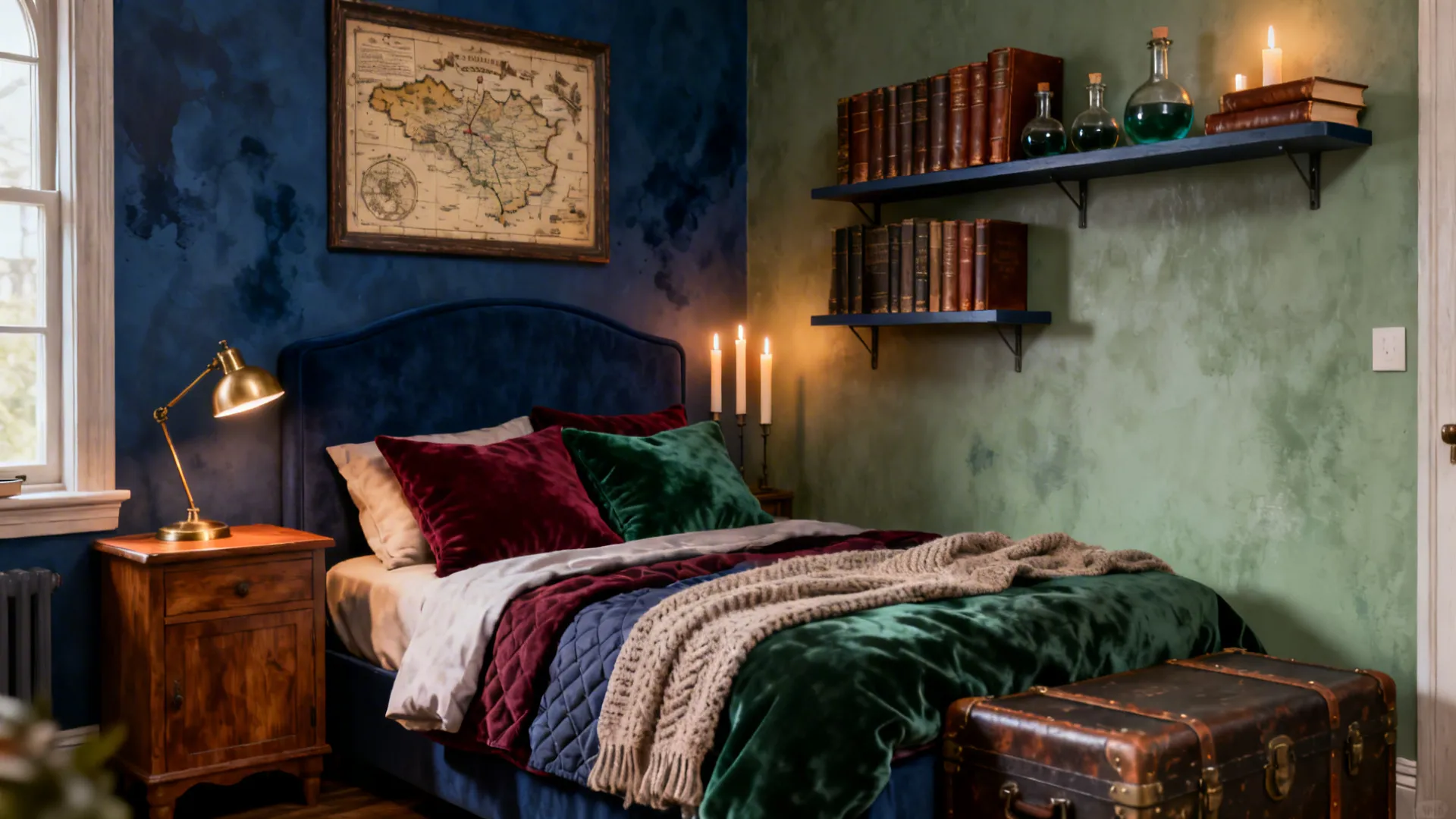 Vintage bedroom with blue walls, velvet pillows, wooden nightstand, brass lamp, bookshelves, and antique map