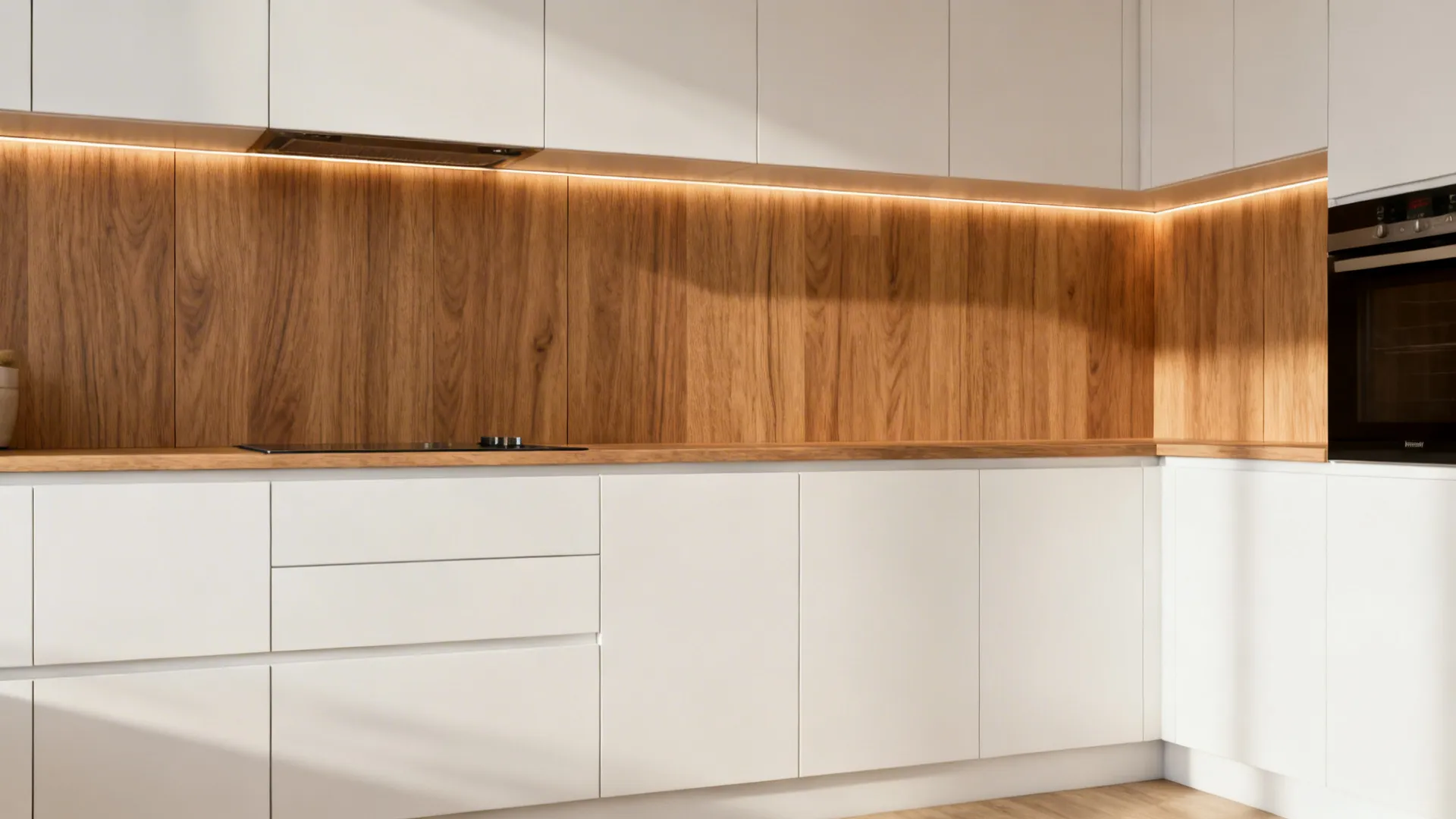 Modern kitchen featuring white cabinets wood wall panels under cabinet light fixture and black oven