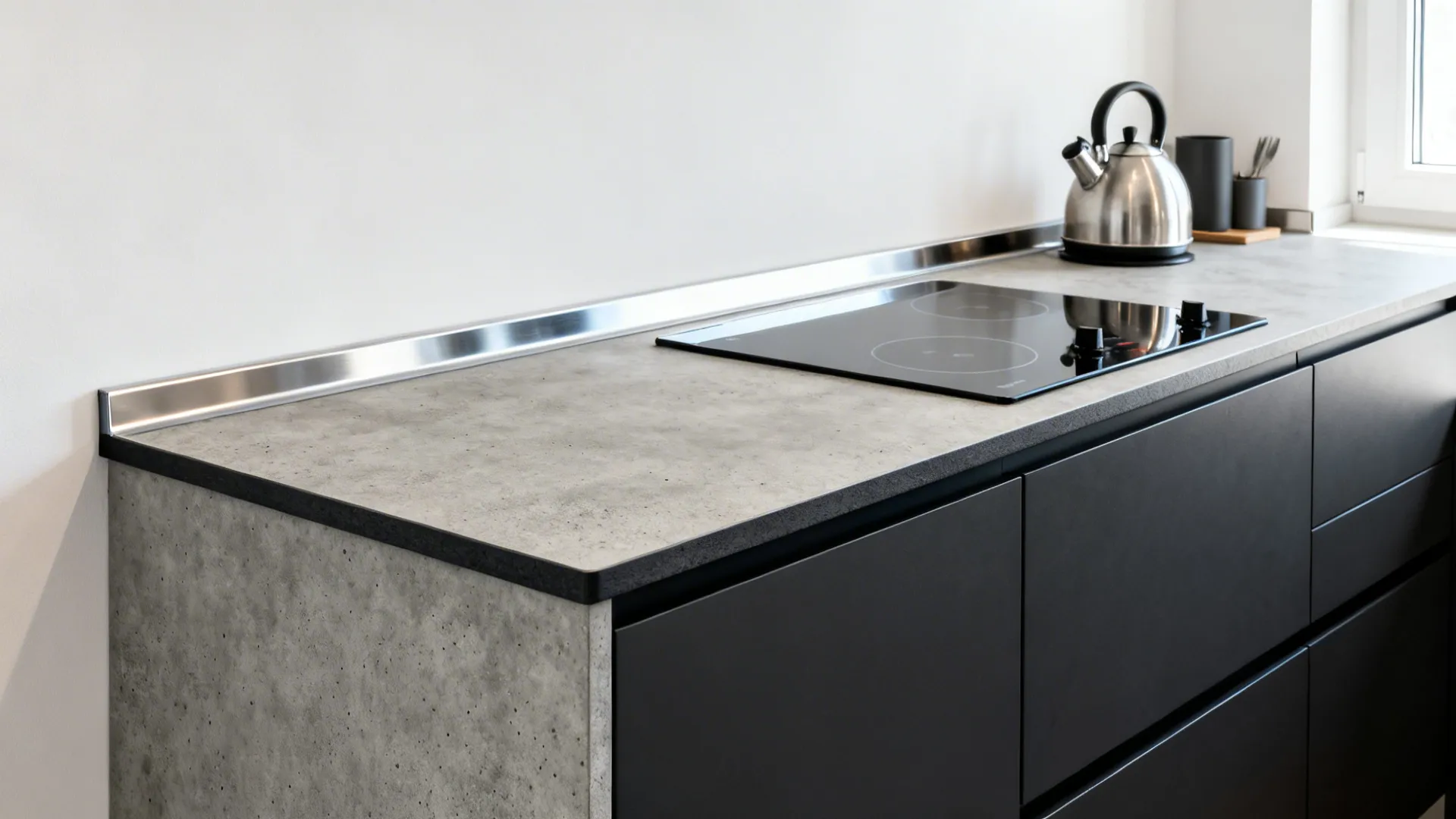 Concrete-look HPL laminate countertop with post-formed edge and stainless splash band.