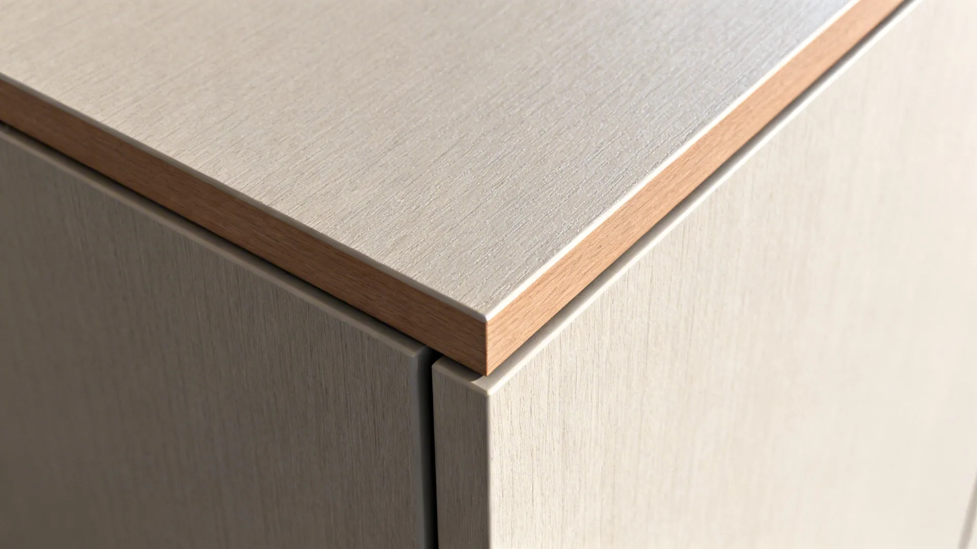 Macro of matte HPL door edge with color-matched band and 45° chamfer.