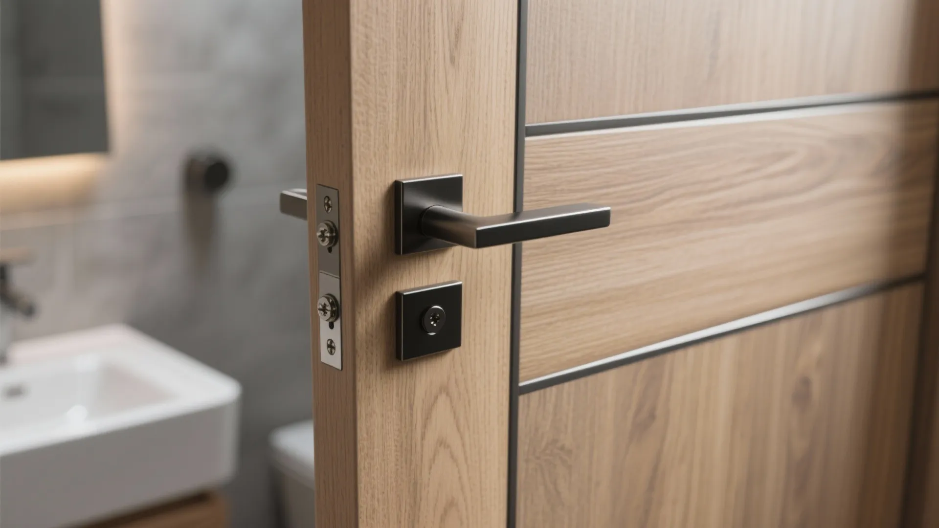 Close up of wooden door with black handle and horizontal stripes opening into a bathroom