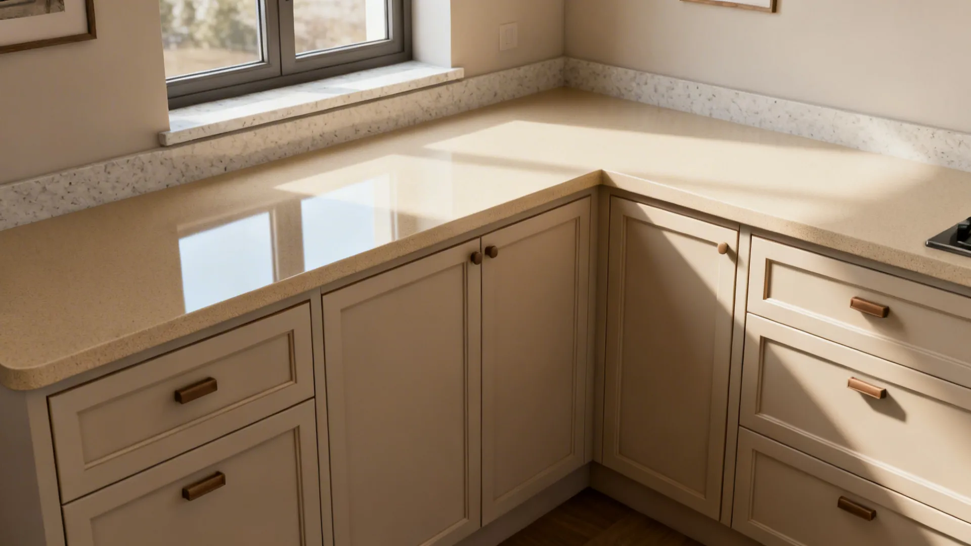Matte light-beige HPL countertop and matching cabinet fronts with postformed edges in a compact L-shaped kitchen.