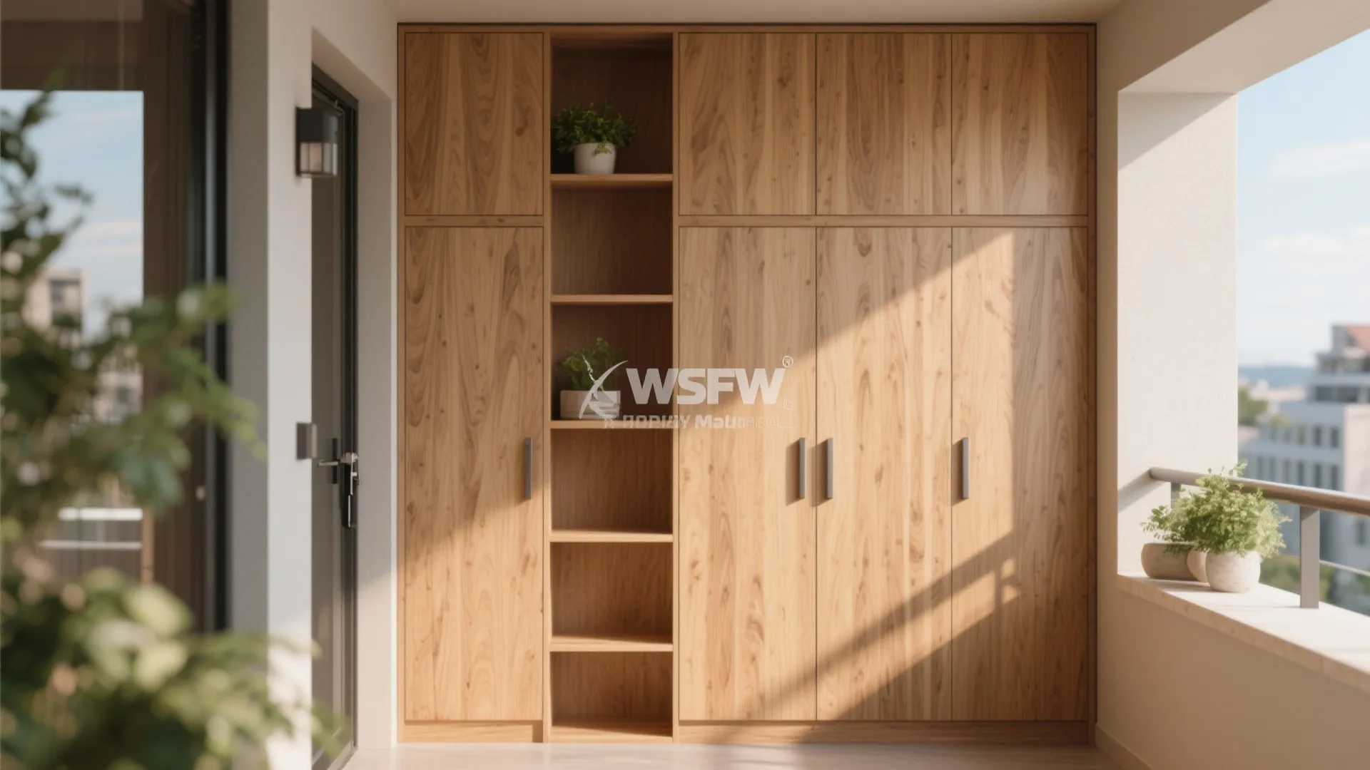 Balcony cabinets with warm woodgrain HPL over marine plywood and sealed edges.