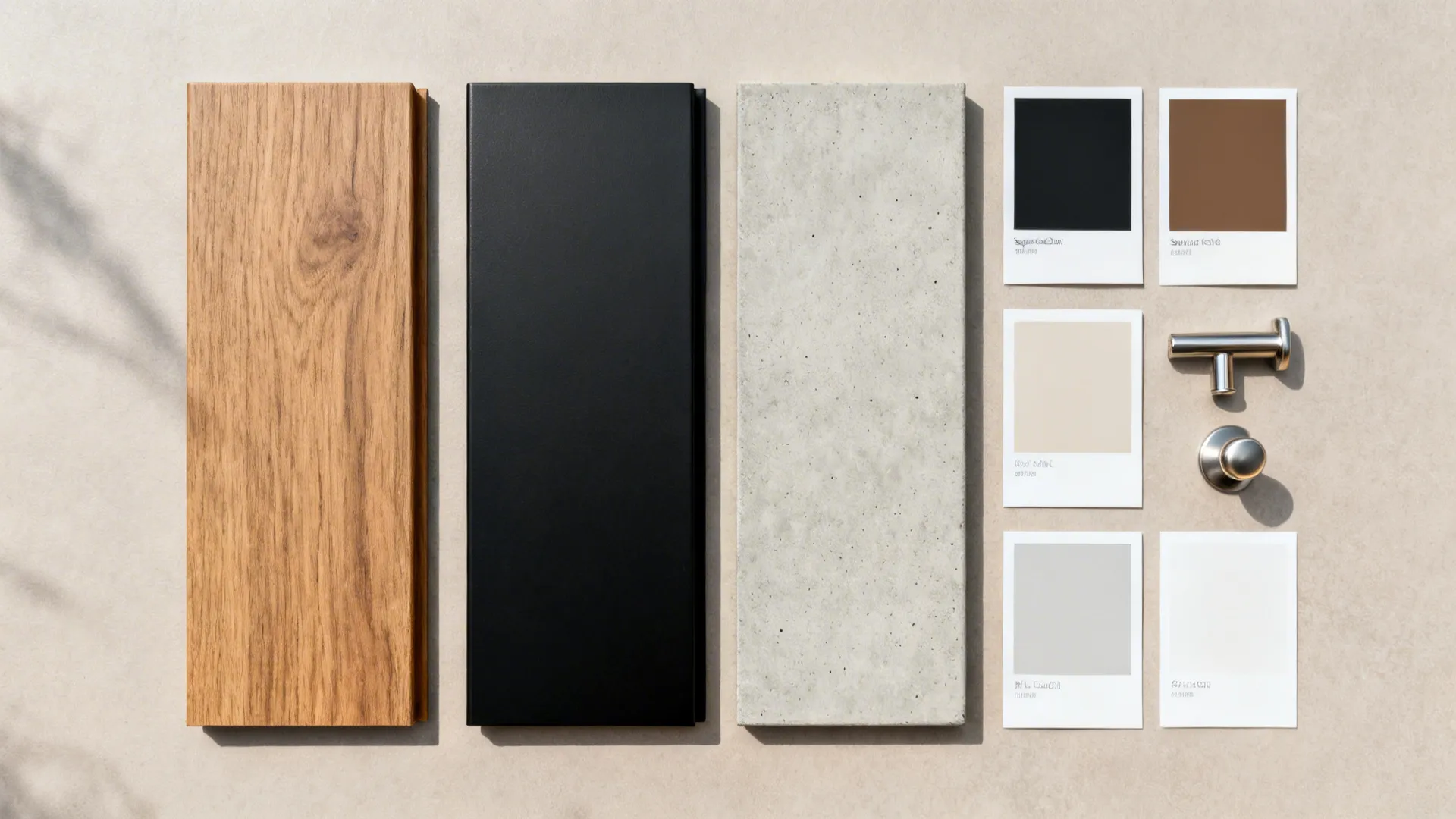 Flat lay of wood panel black board stone tile color swatches and silver metal handles
