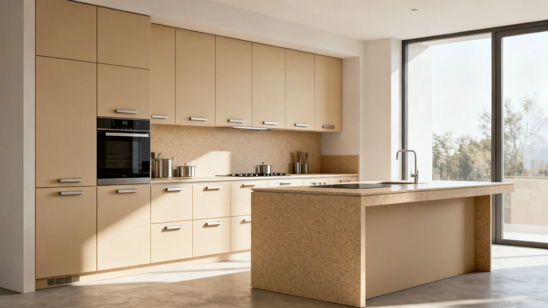 Warm beige matte HPL slab cabinets with integrated pulls and crisp reveals.
