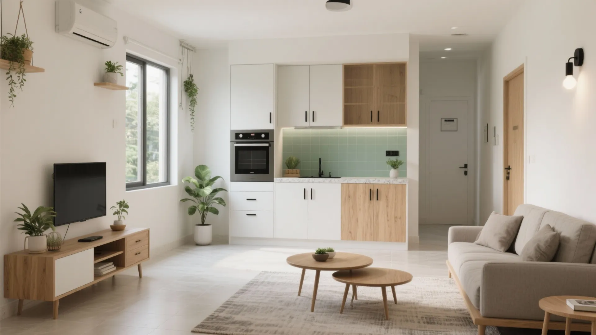 Modern white kitchen and living room featuring a grey sofa wooden table and potted plants