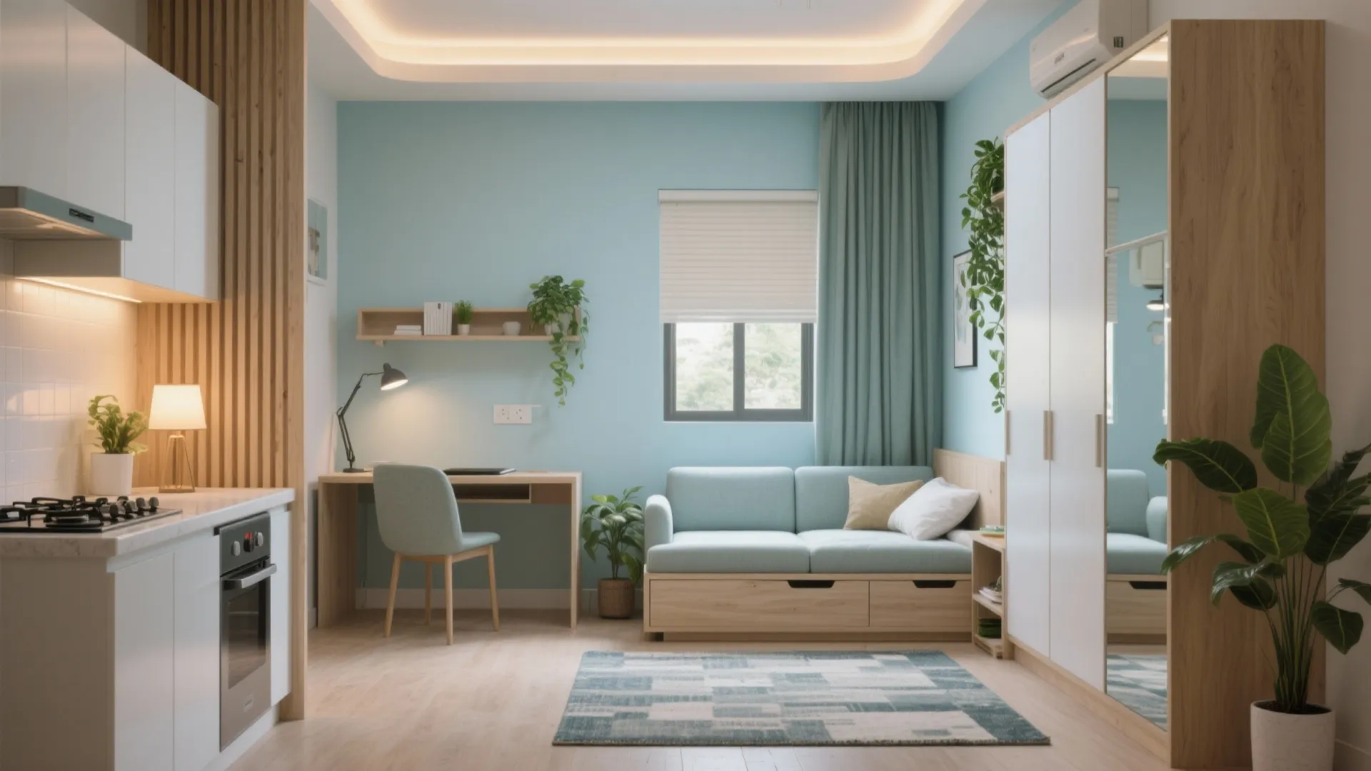 Modern studio apartment with blue walls, sofa bed, wooden desk, kitchen area, and white wardrobe
