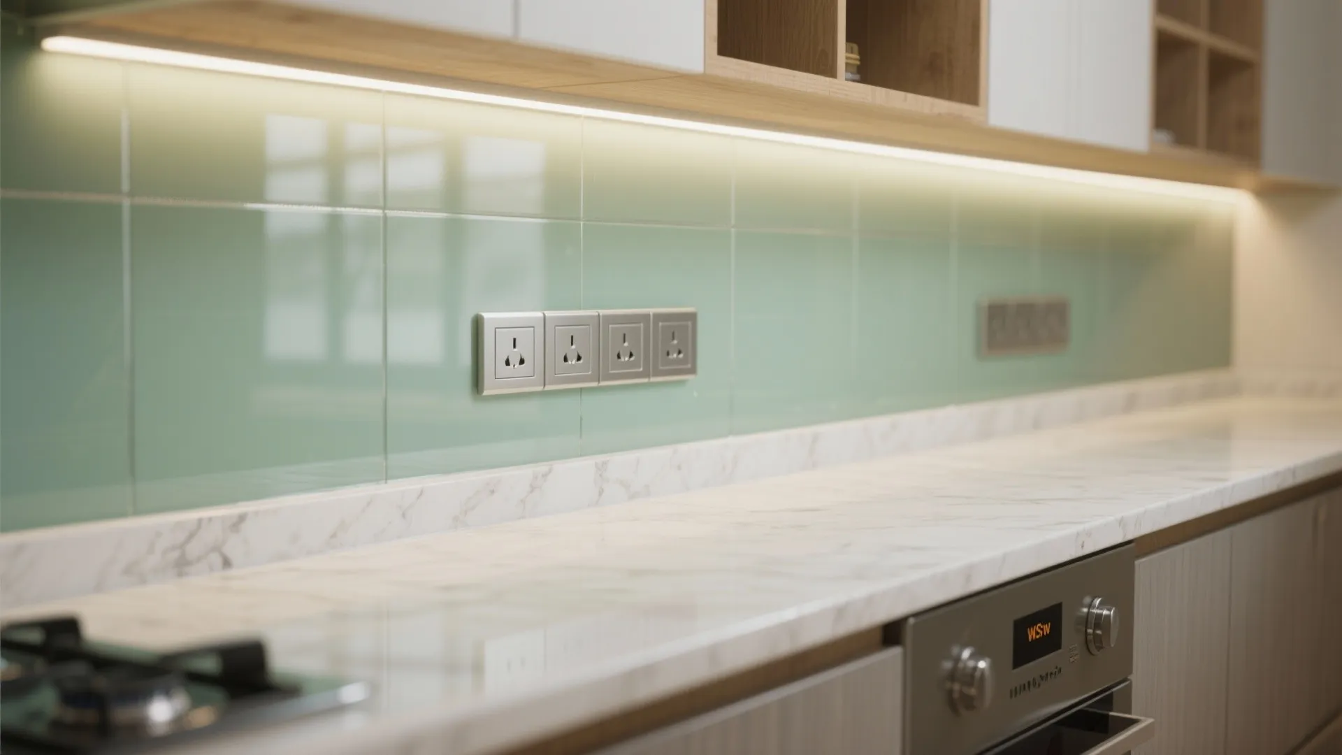 A glass backsplash to bounce light in a small kitchen