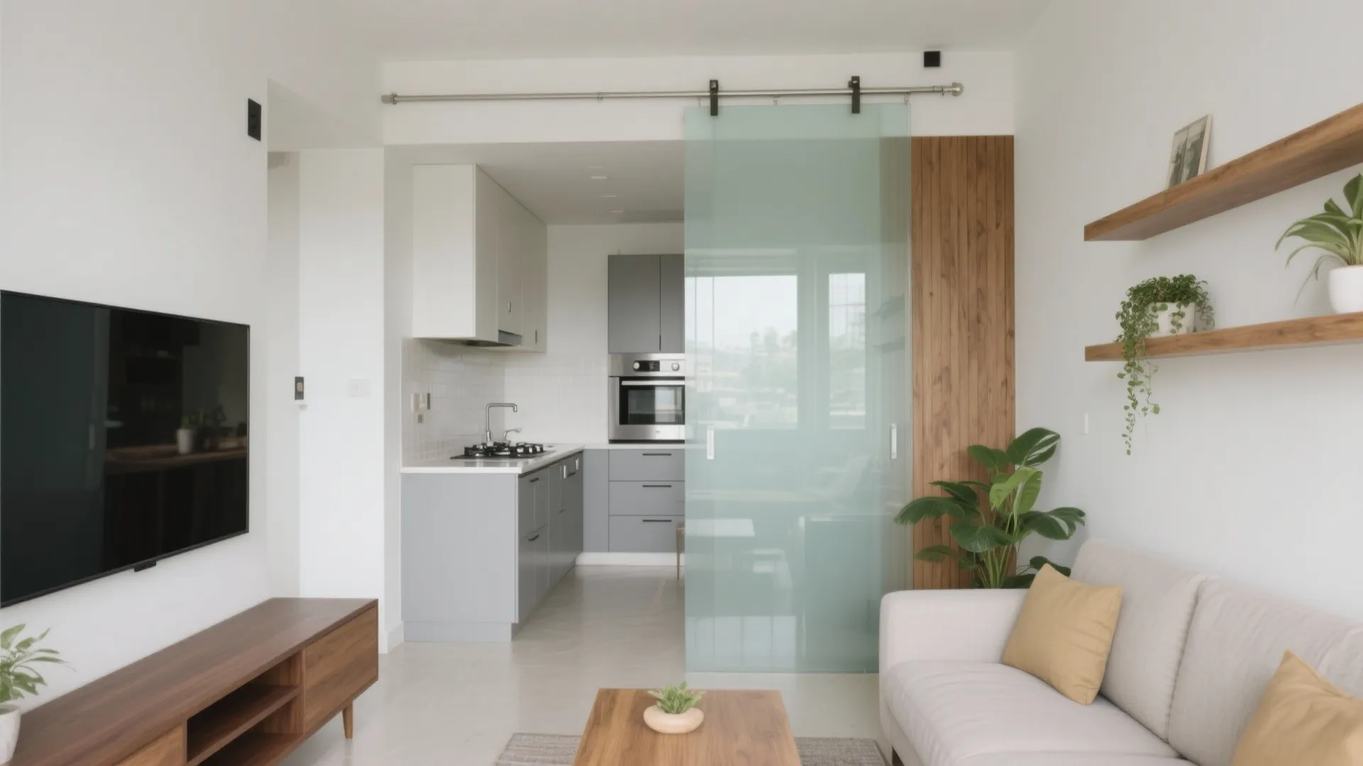 Modern apartment interior with small kitchen behind glass sliding door sofa and television in living room