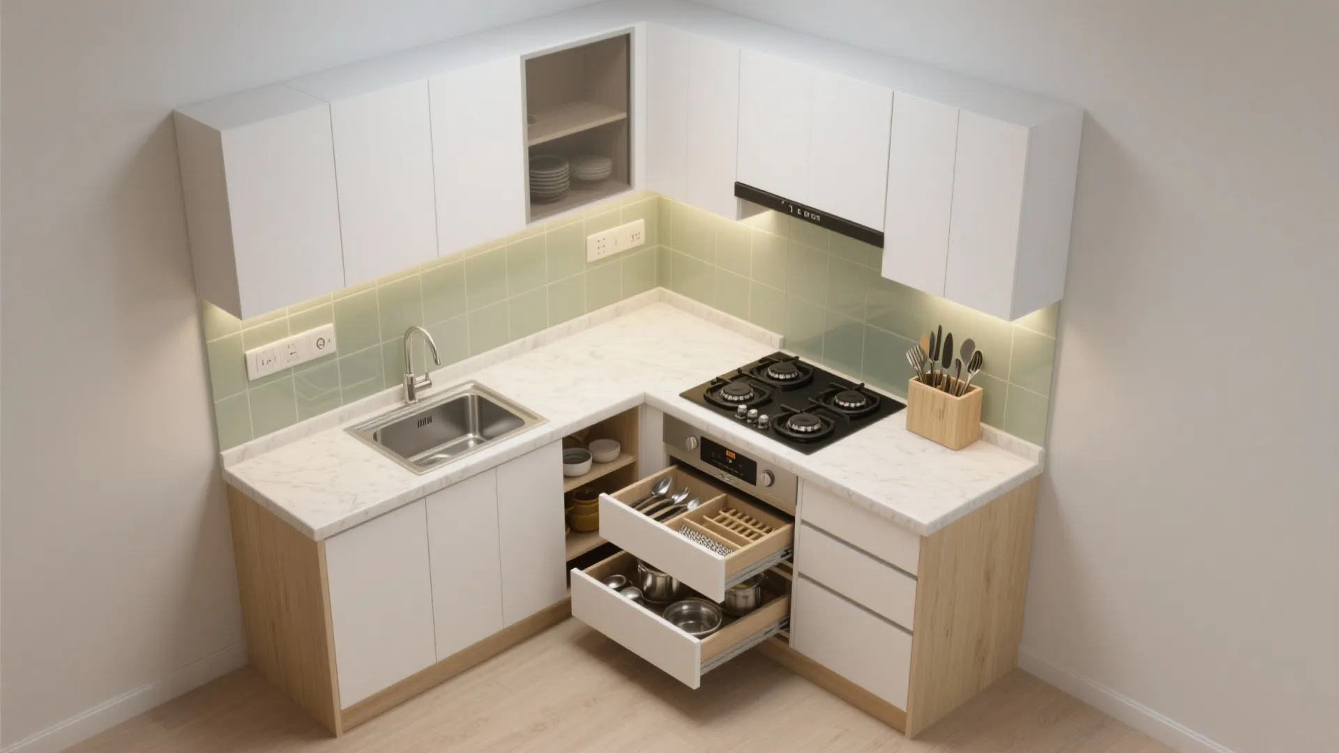 An L-shaped layout that frees more counter space